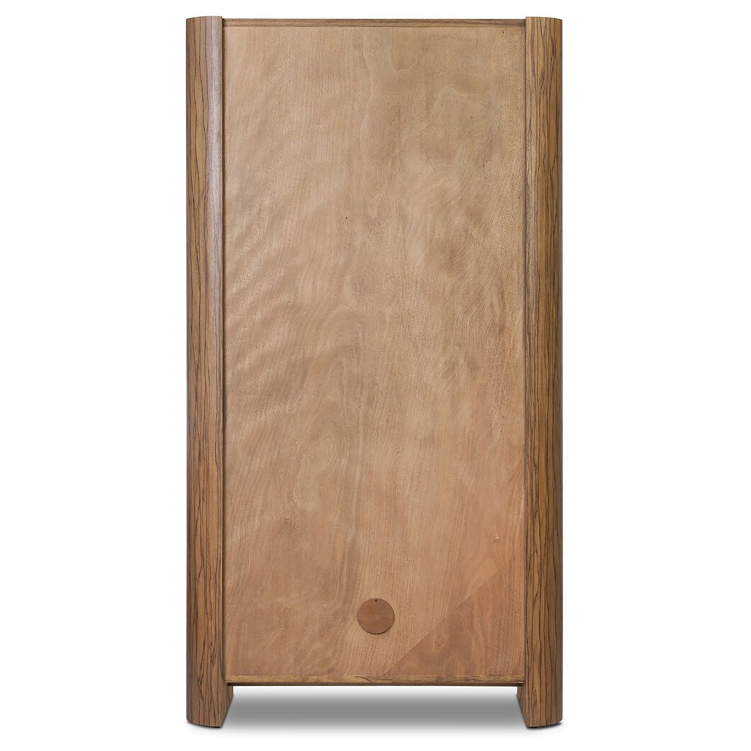 Four Hands Limba Bookcase in medium brown limba veneer, back view