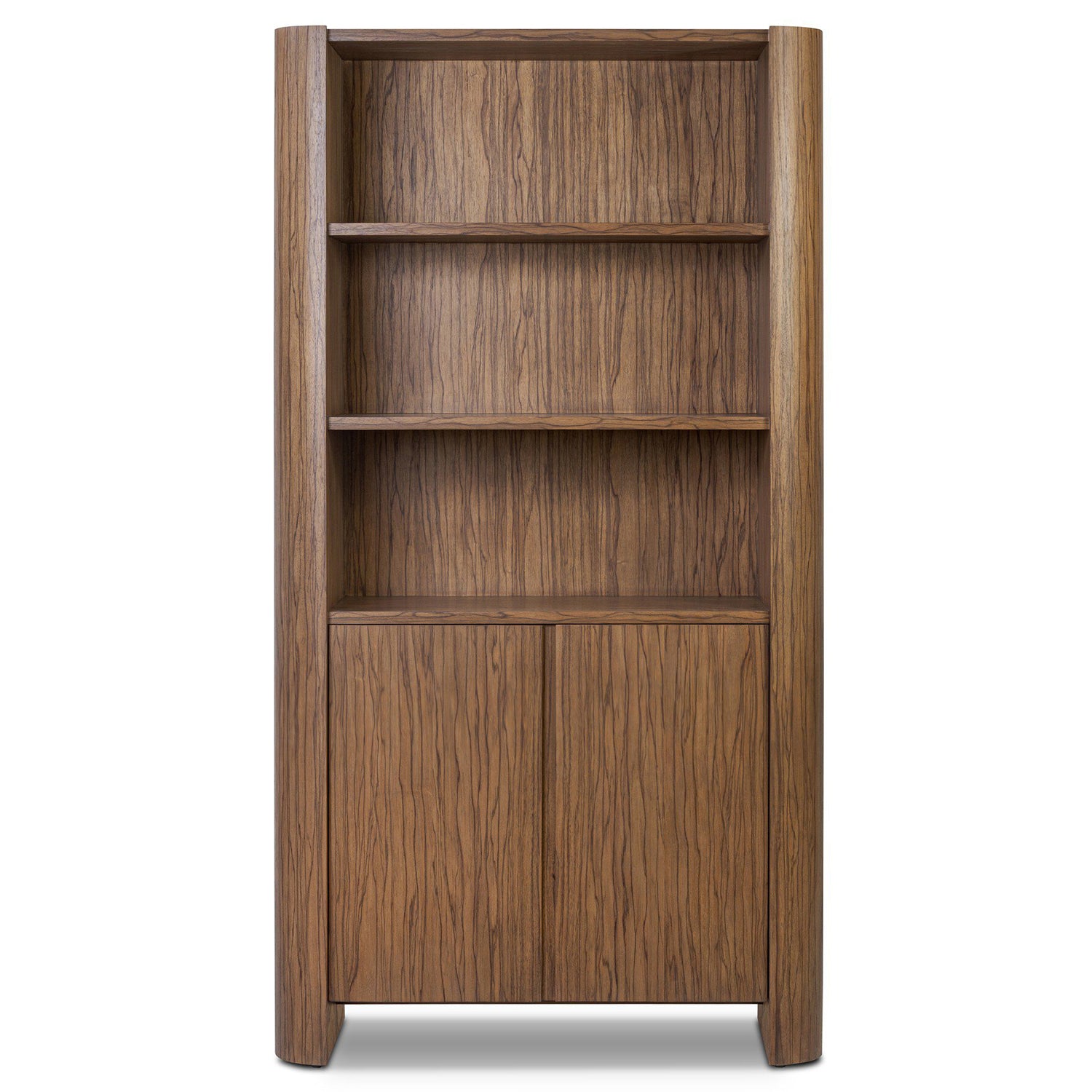 Four Hands Limba Bookcase in medium brown limba veneer, front view