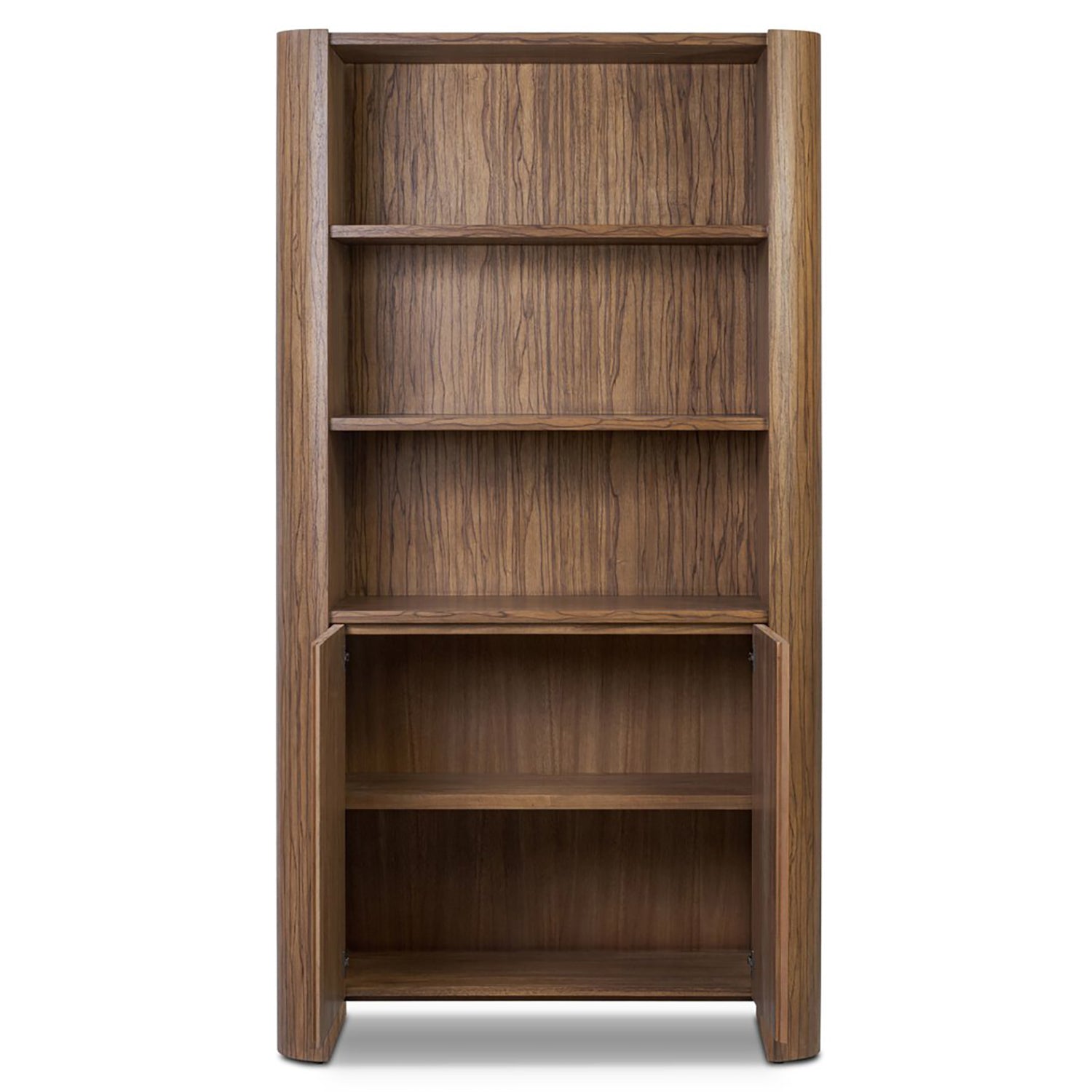 Four Hands Limba Bookcase in medium brown limba veneer, shelf view with styling