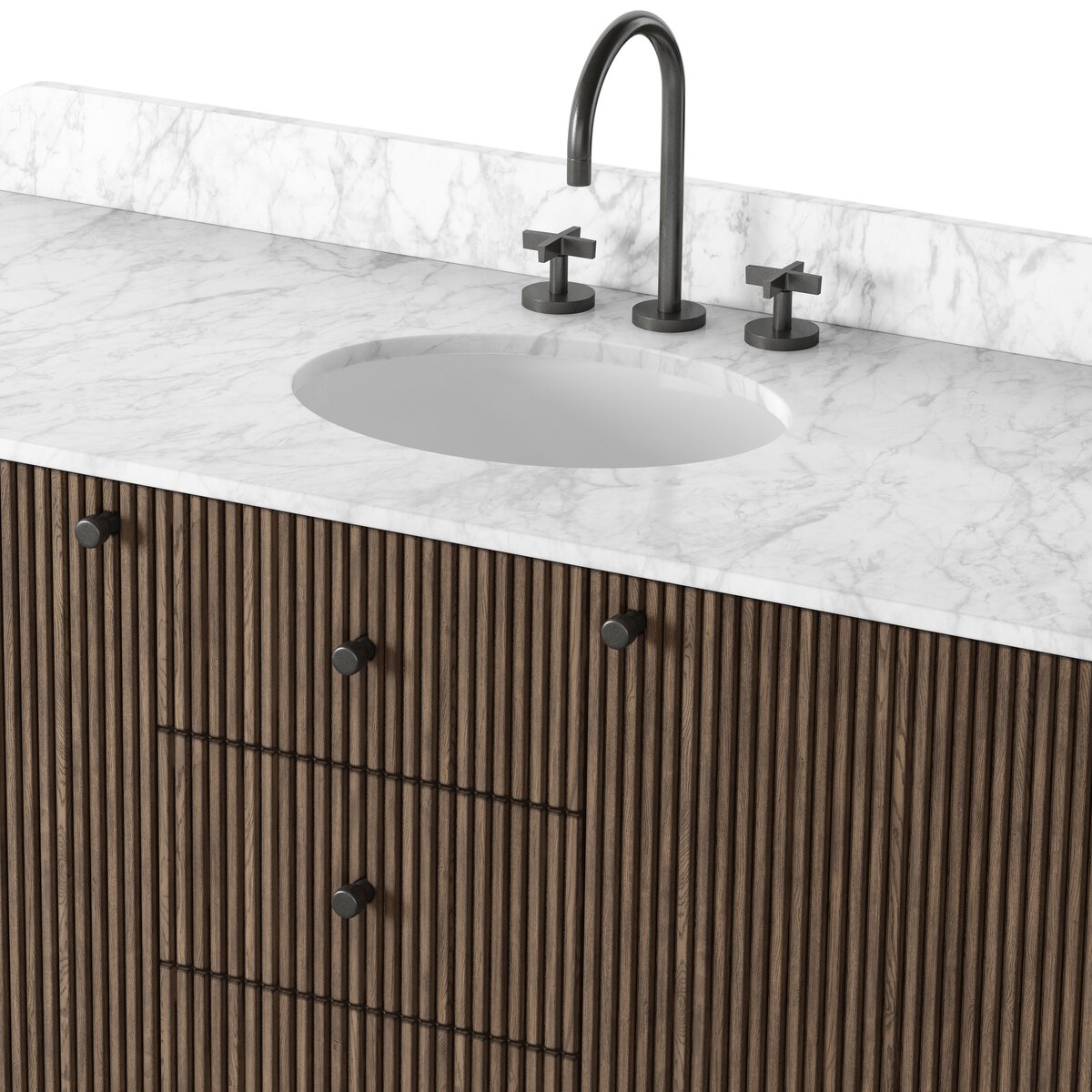 Four Hands Malden Single Wide Vanity in satin espresso oak with Carrara marble top, close-up detail of reeded oak, view 3