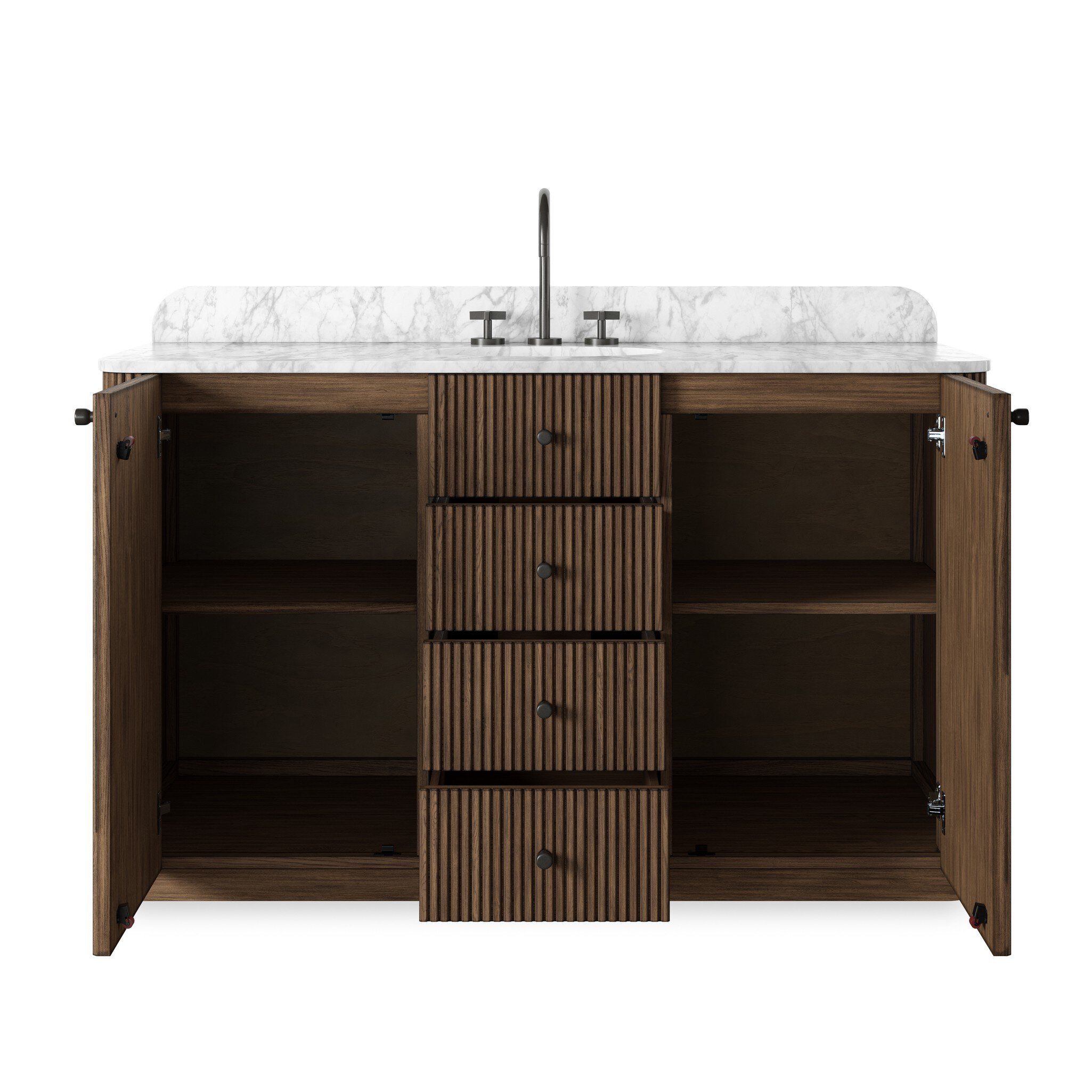 Four Hands Malden Single Wide Vanity in satin espresso oak with Carrara marble top, close-up detail of reeded oak, view 1