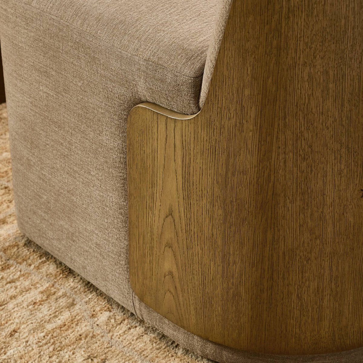 Four Hands Hemphill Dining Chair Set of 2 in Laughlin Natural with smoked oak back, close-up detail of splice back panel