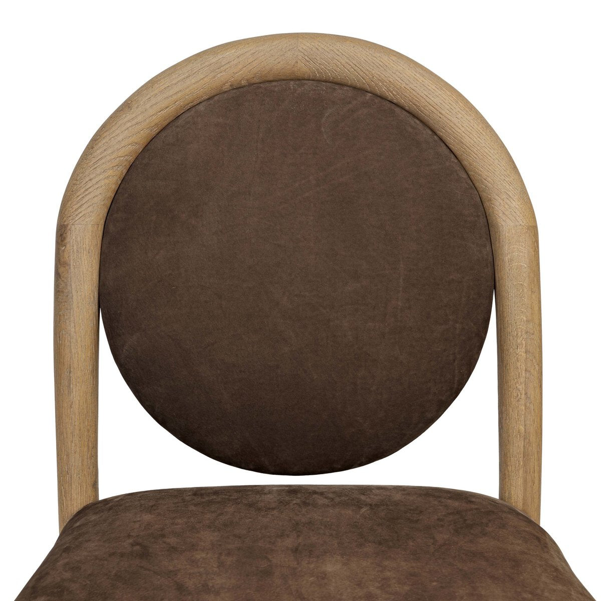 Four Hands Prentiss Dining Chair in nubuck cigar leather, close-up detail of leather and oak frame, view 2