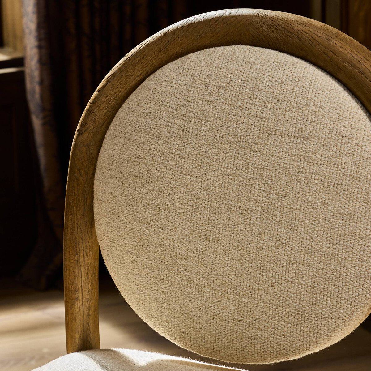 Four Hands Prentiss Thames Cream Dining Chair Set of 2 on drifted oak, close-up detail of fabric, view 1