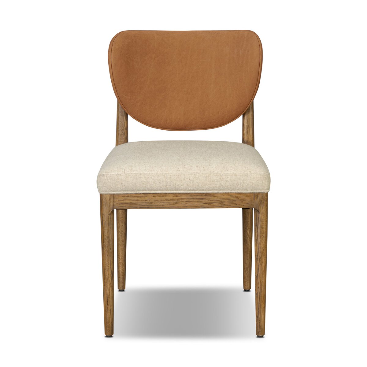 Four Hands Arlow Dining Chair in Nubuck Cognac leather back with natural linen seat on amber oak, front view