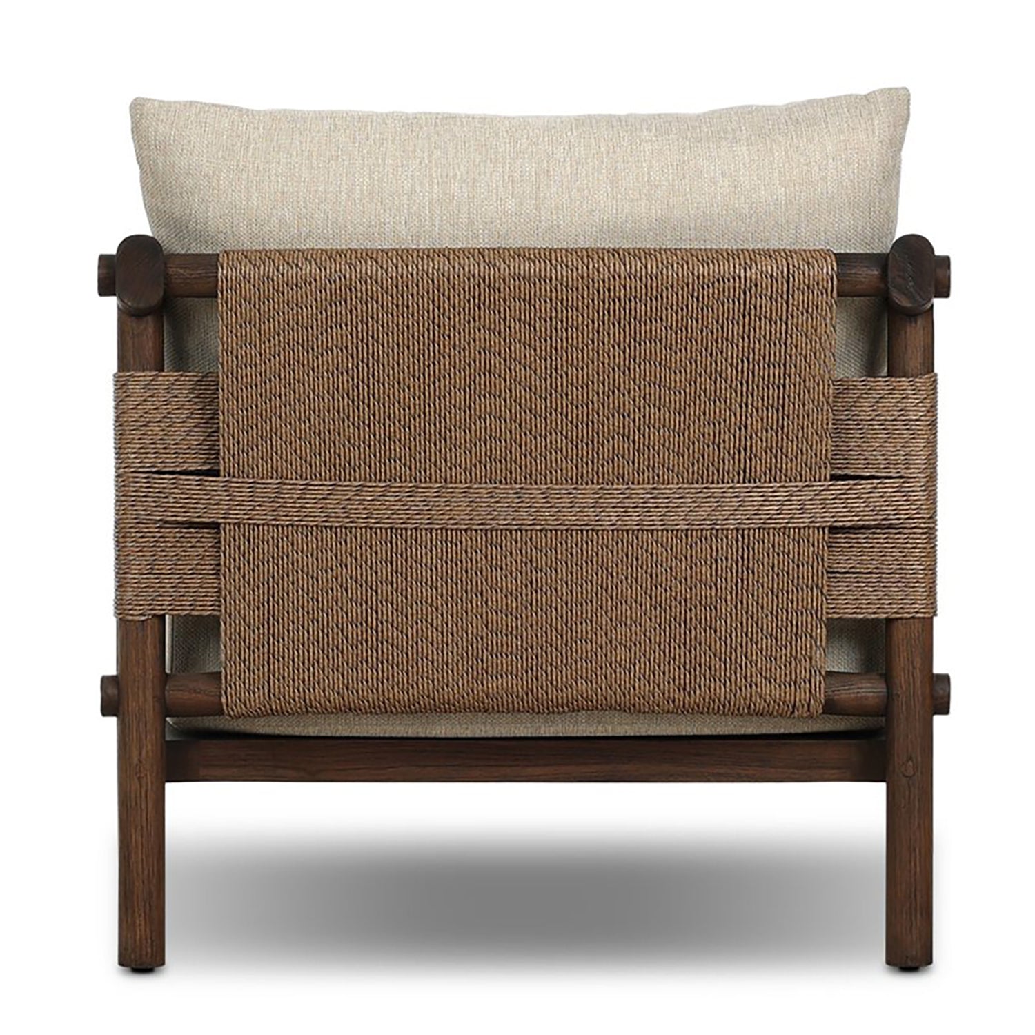 Four Hands Boda Outdoor Chair in teak with faux hyacinth weave and beige cushion, back view showing weave detail