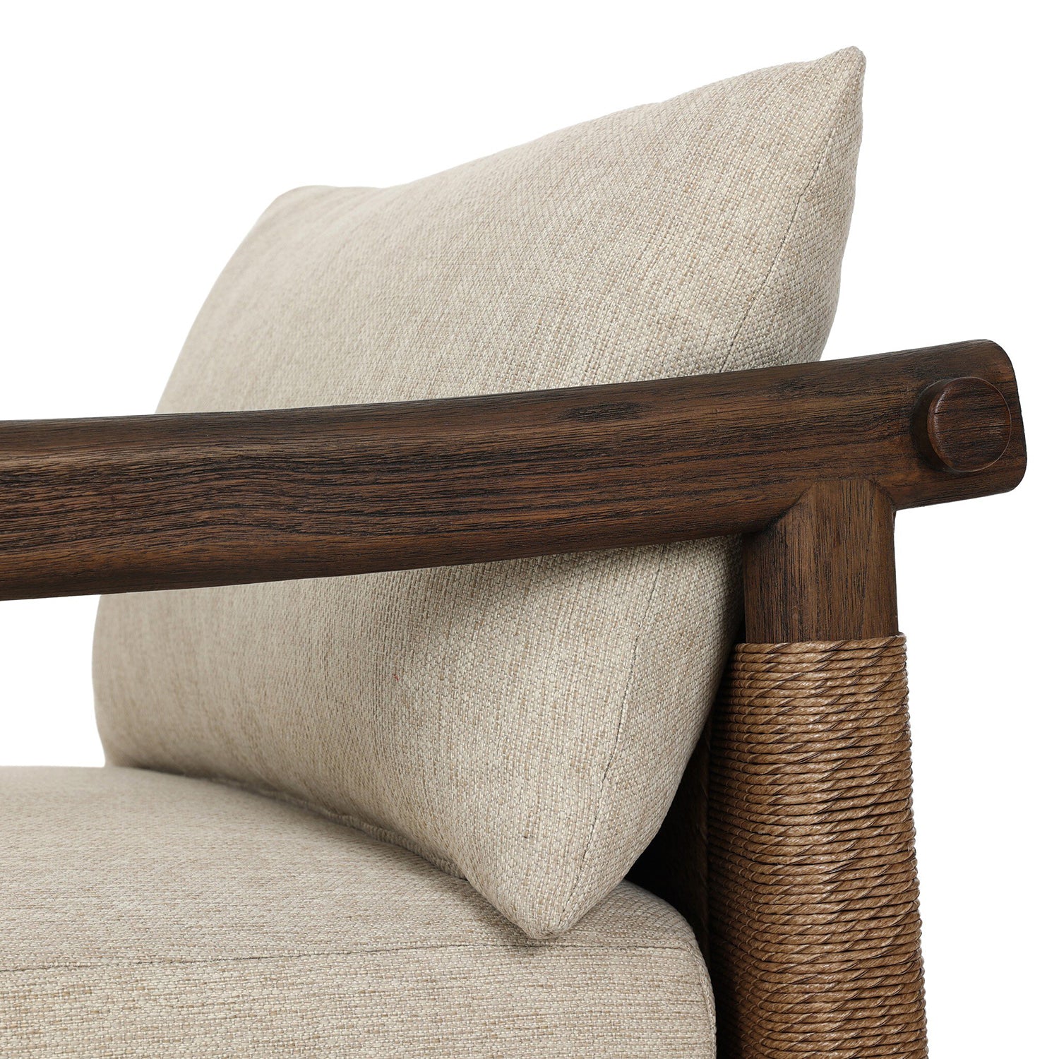 Four Hands Boda Outdoor Chair in teak with faux hyacinth weave and beige cushion, close-up detail, view 4