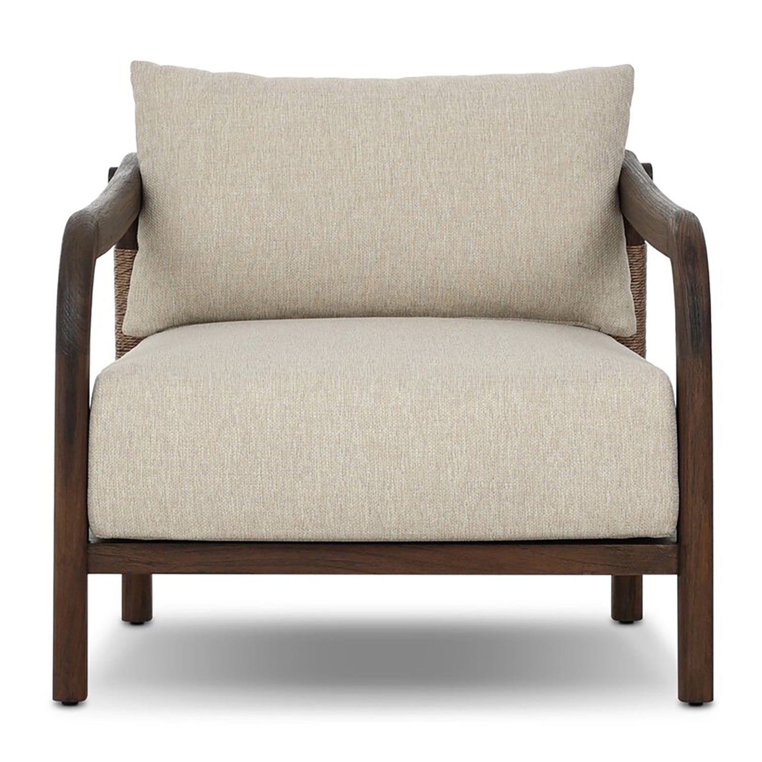 Four Hands Boda Outdoor Chair in teak with faux hyacinth weave and beige cushion, front view