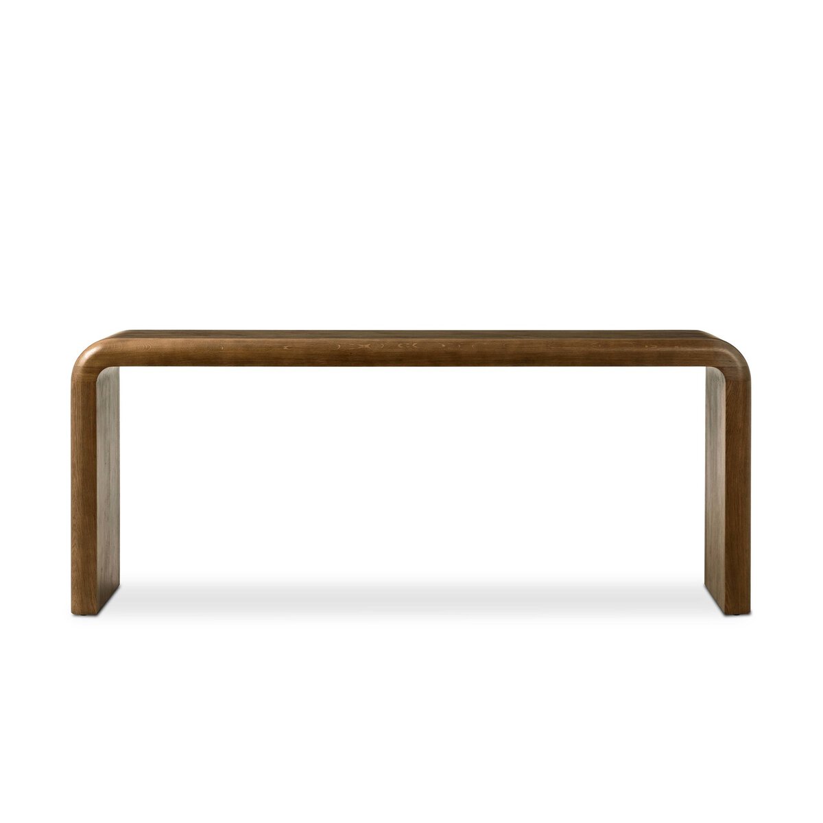 Four Hands Daven Console Table in rye burl oak with waterfall shape, front view