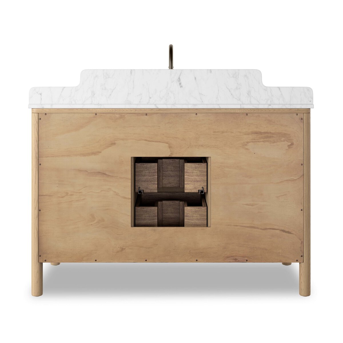 Four Hands Porter Single Wide Vanity in satin light wash oak with Carrara marble, back view