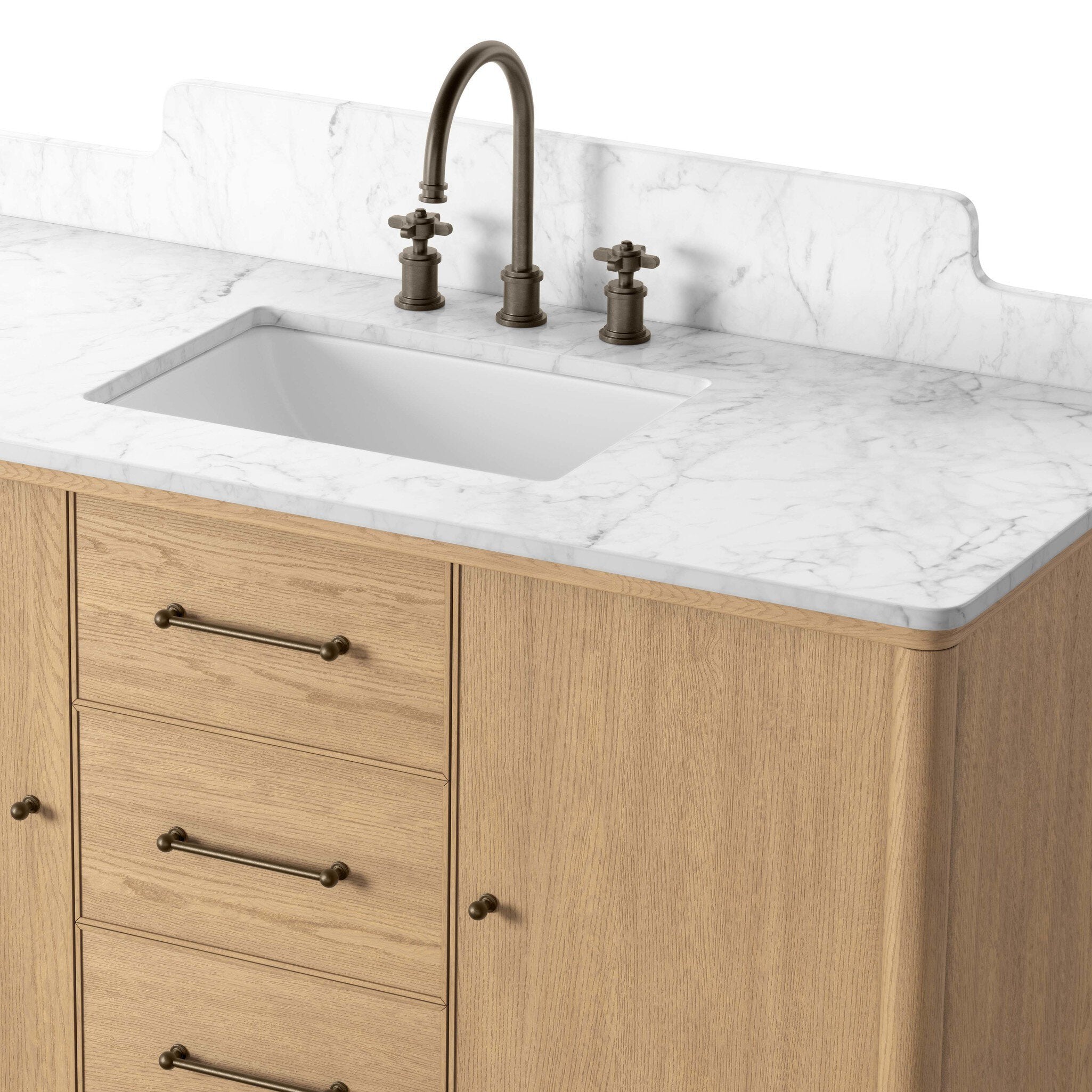 Four Hands Porter Single Wide Vanity in satin light wash oak with Carrara marble, close-up detail of hardware, view 1