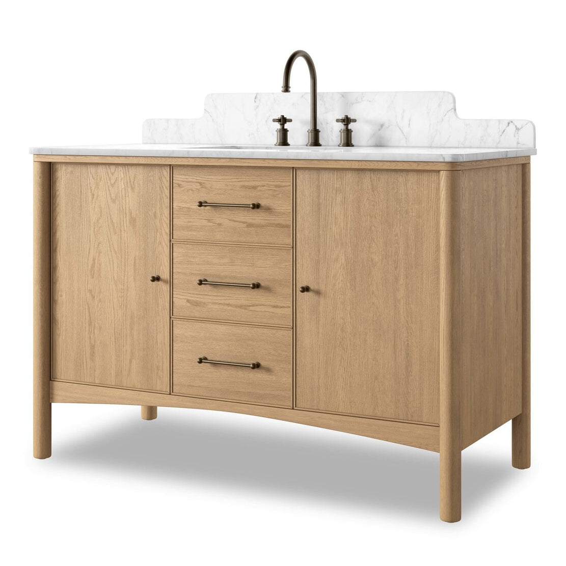 Four Hands Porter Single Wide Vanity in satin light wash oak with Carrara marble, primary product view
