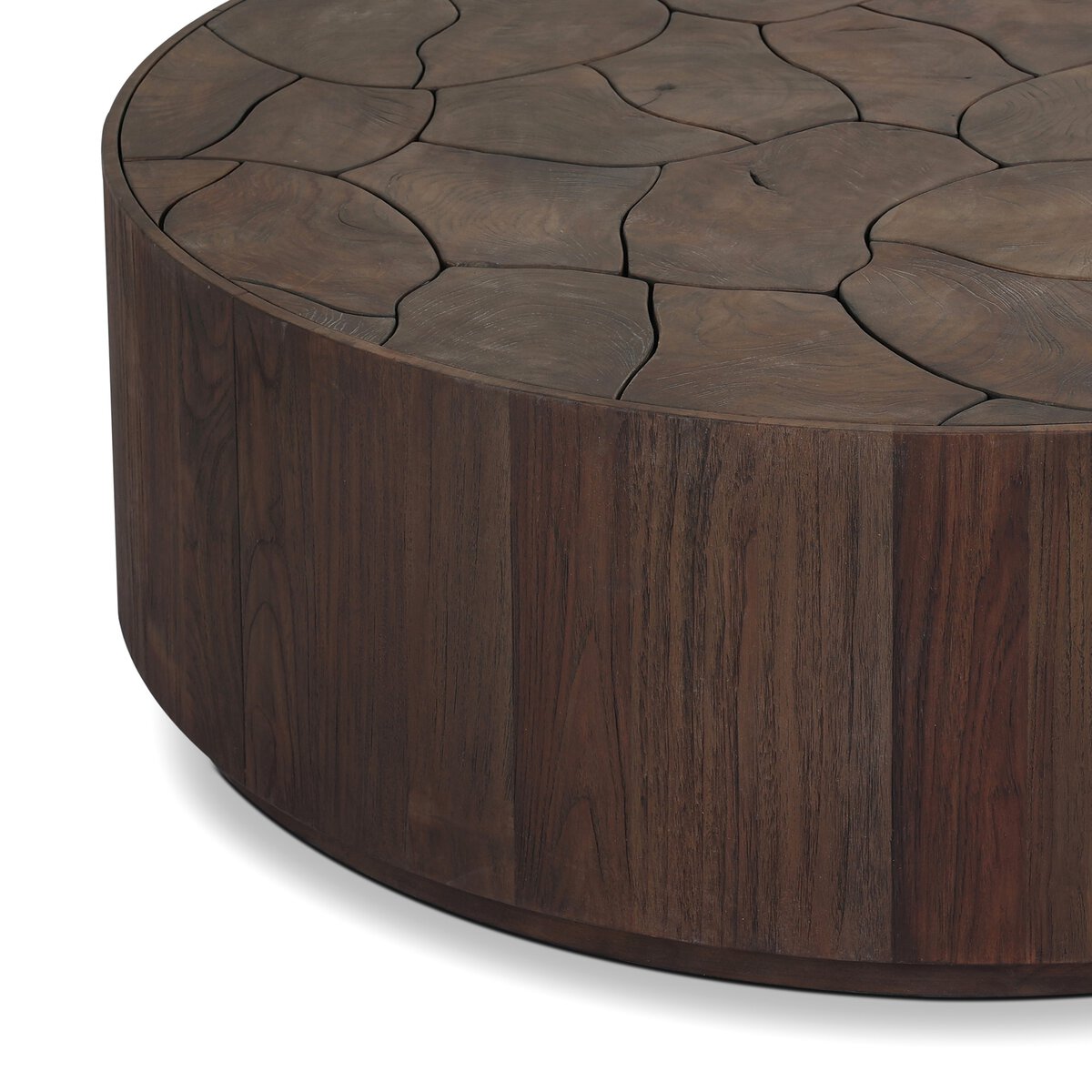 Four Hands Ridge Round Outdoor Coffee Table in teak root mosaic, close-up detail of teak root, view 2