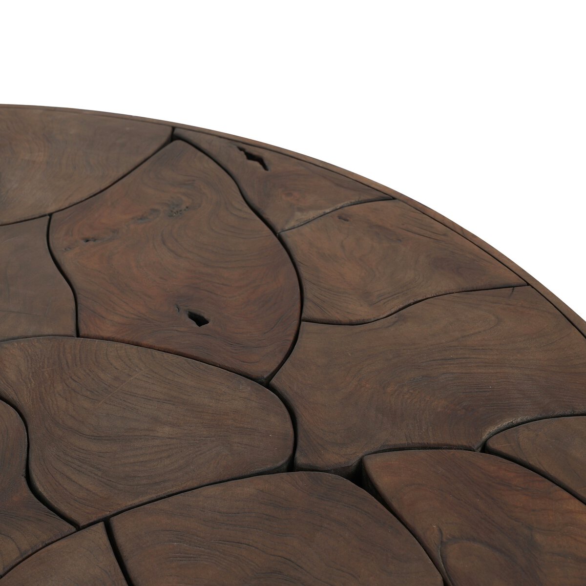 Four Hands Ridge Round Outdoor Coffee Table in teak root mosaic, close-up detail of teak root, view 6