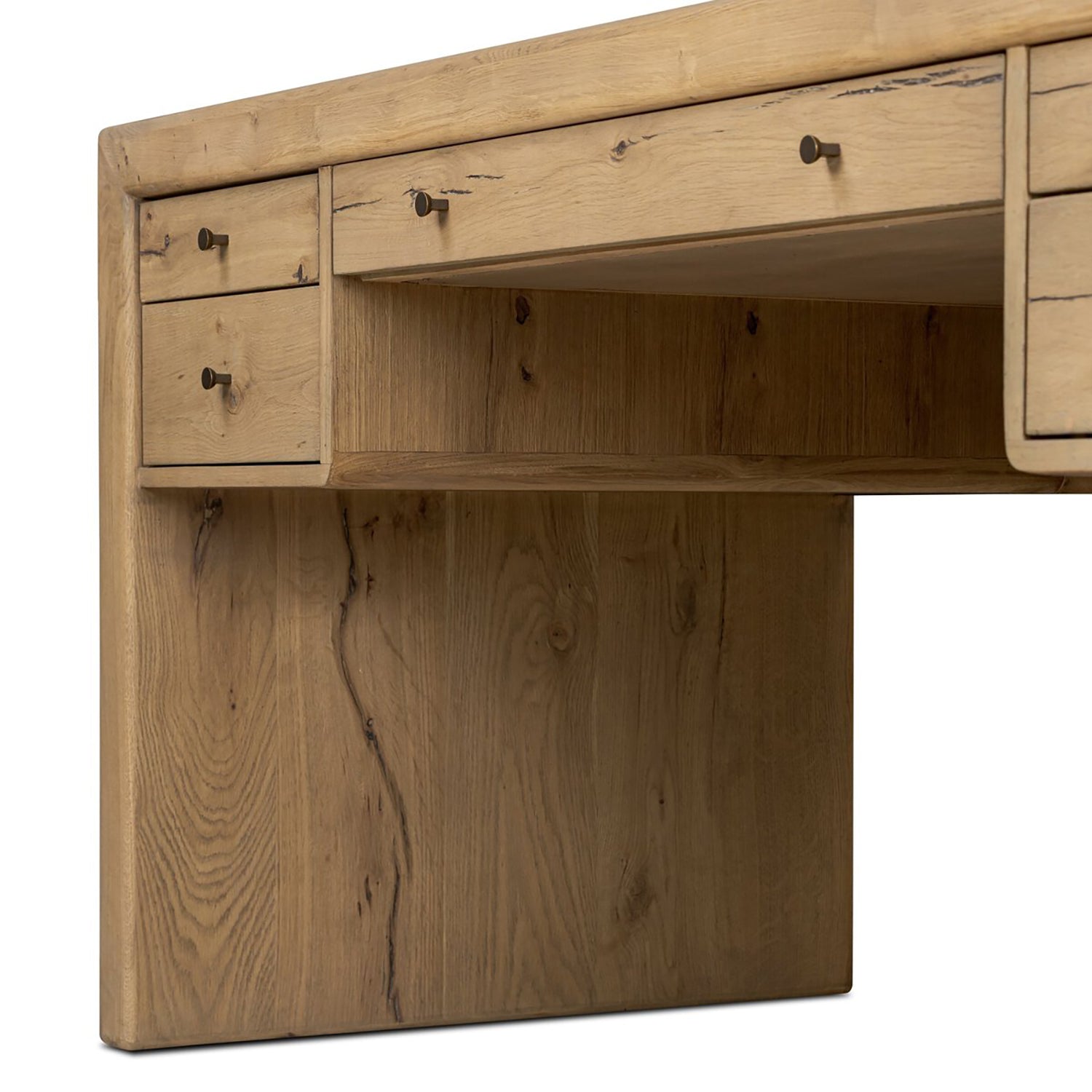 Four Hands Nico Desk in natural oak with leather inlay top, close-up detail of leather inlay and oak grain, view 5