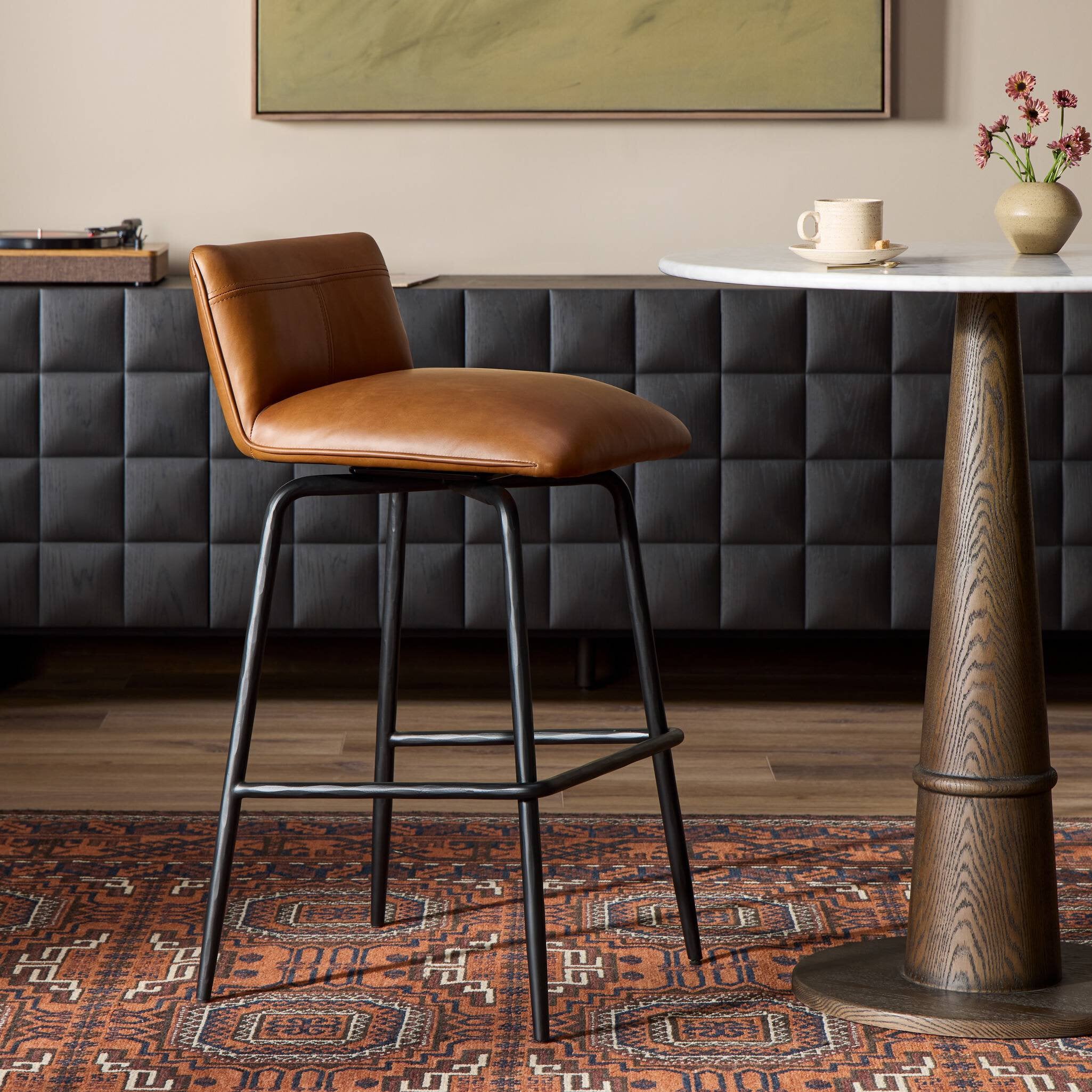 Four Hands Ridley Sonoma Chestnut Swivel Bar Stool - styled room setting