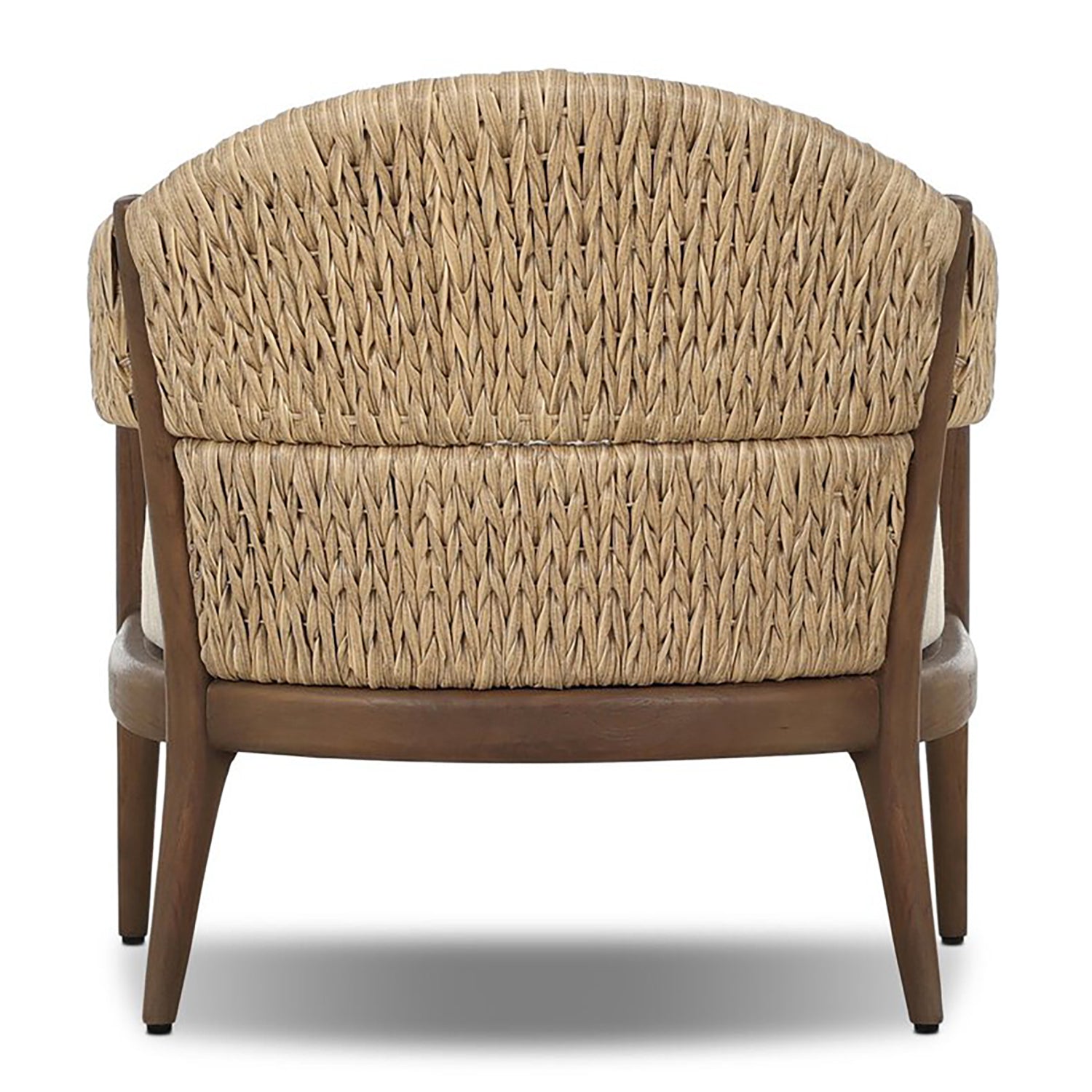 Four Hands Atwood Outdoor Chair in teak with coastal weave and beige cushion, back view showing weave