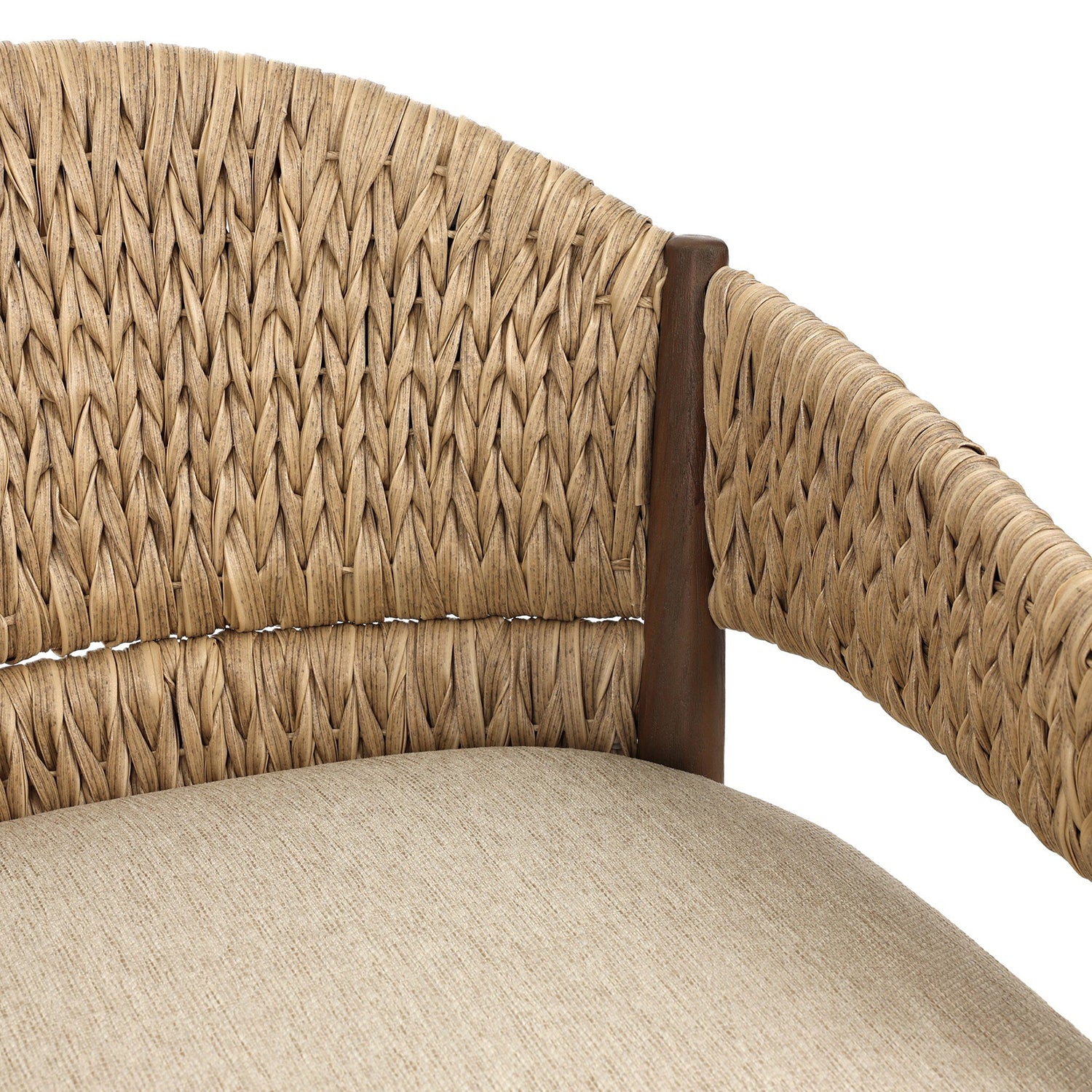 Four Hands Atwood Outdoor Chair in teak with coastal weave and beige cushion, close-up detail, view 4