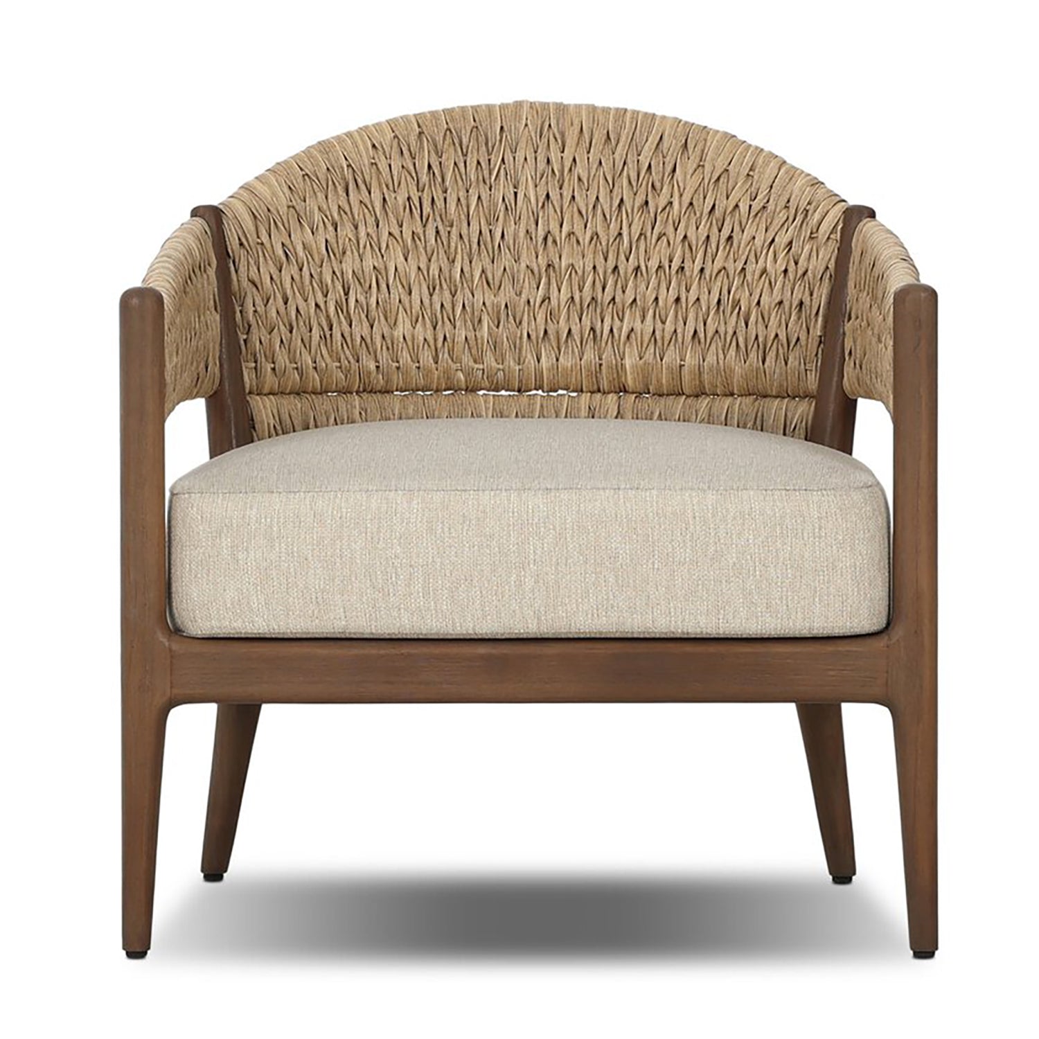 Four Hands Atwood Outdoor Chair in teak with coastal weave and beige cushion, front view