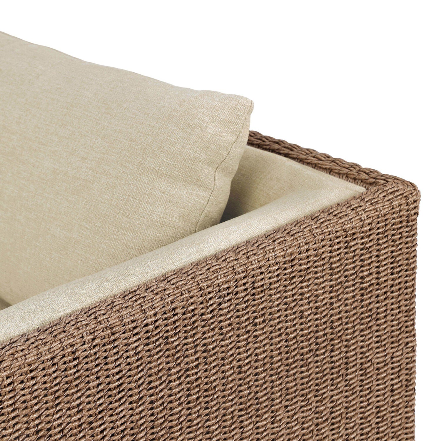 Four Hands Cabot Outdoor Chair in woven teak with buff cushions, close-up detail of woven frame and cushion, view 2