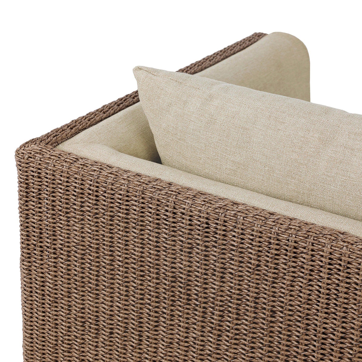 Four Hands Cabot Outdoor Chair in woven teak with buff cushions, close-up detail of woven frame and cushion, view 3