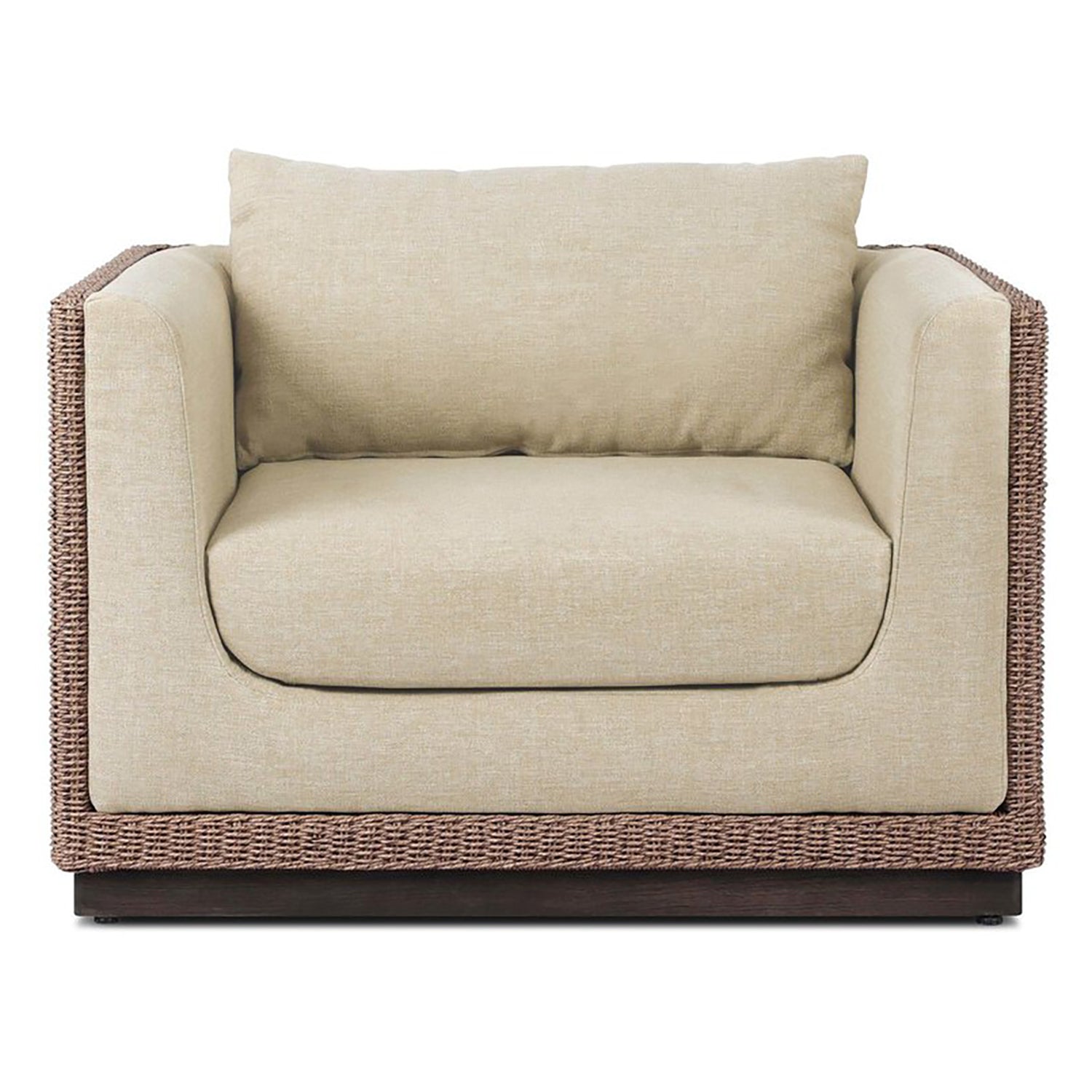 Four Hands Cabot Outdoor Chair in woven teak with buff cushions, front view