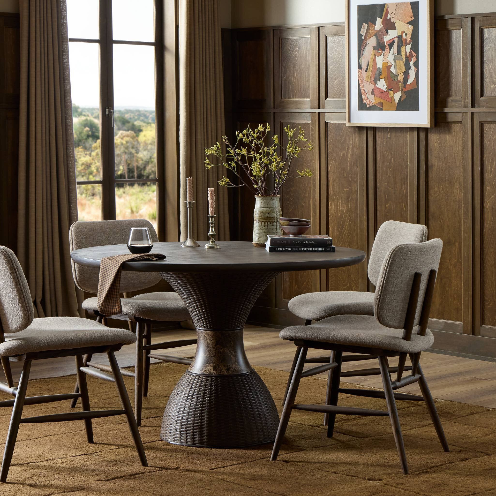 Four Hands Lono Espresso Mango Dining Table in a styled room setting