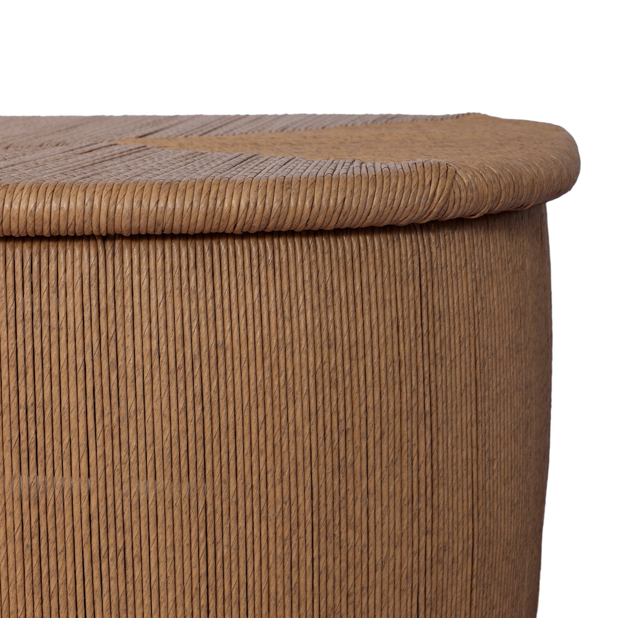 Four Hands Taum Outdoor Coffee Table in textured sand vertical-weave, close-up detail of cord weave, view 4
