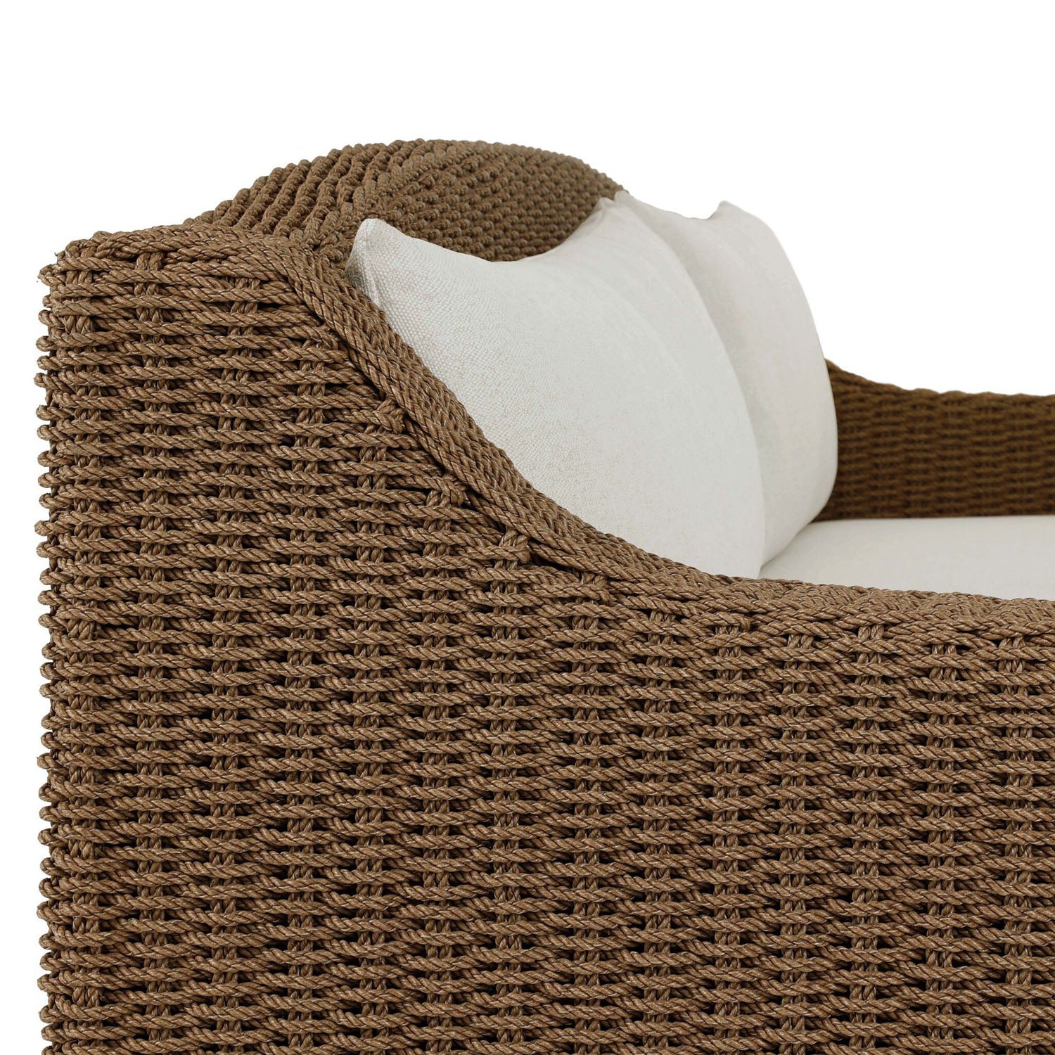 Four Hands Marina Outdoor Sofa in twisted umber faux rattan with Alessi Linen cushions, close-up detail of rattan weave, view 3