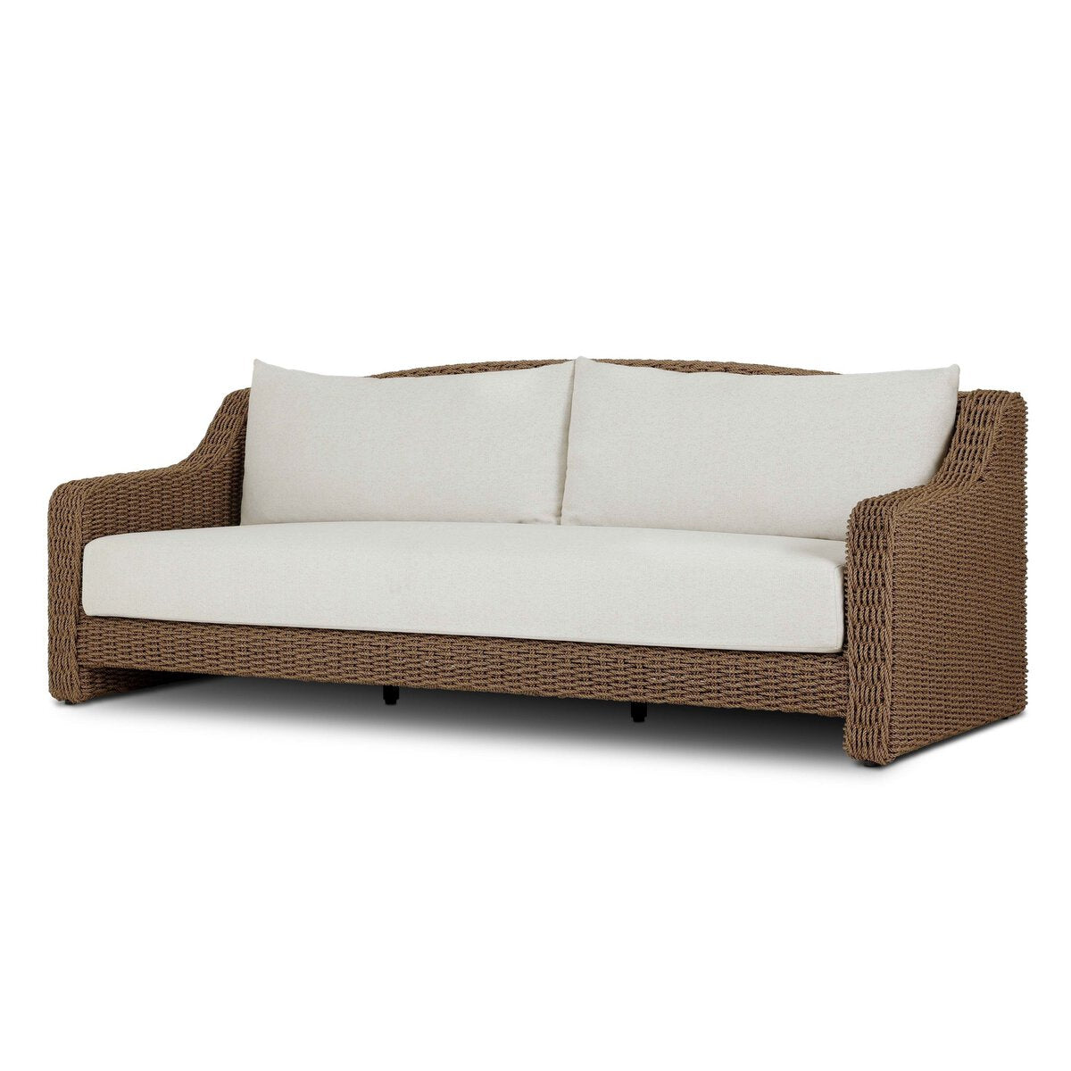 Four Hands Marina Outdoor Sofa in twisted umber faux rattan with Alessi Linen cushions, primary product view