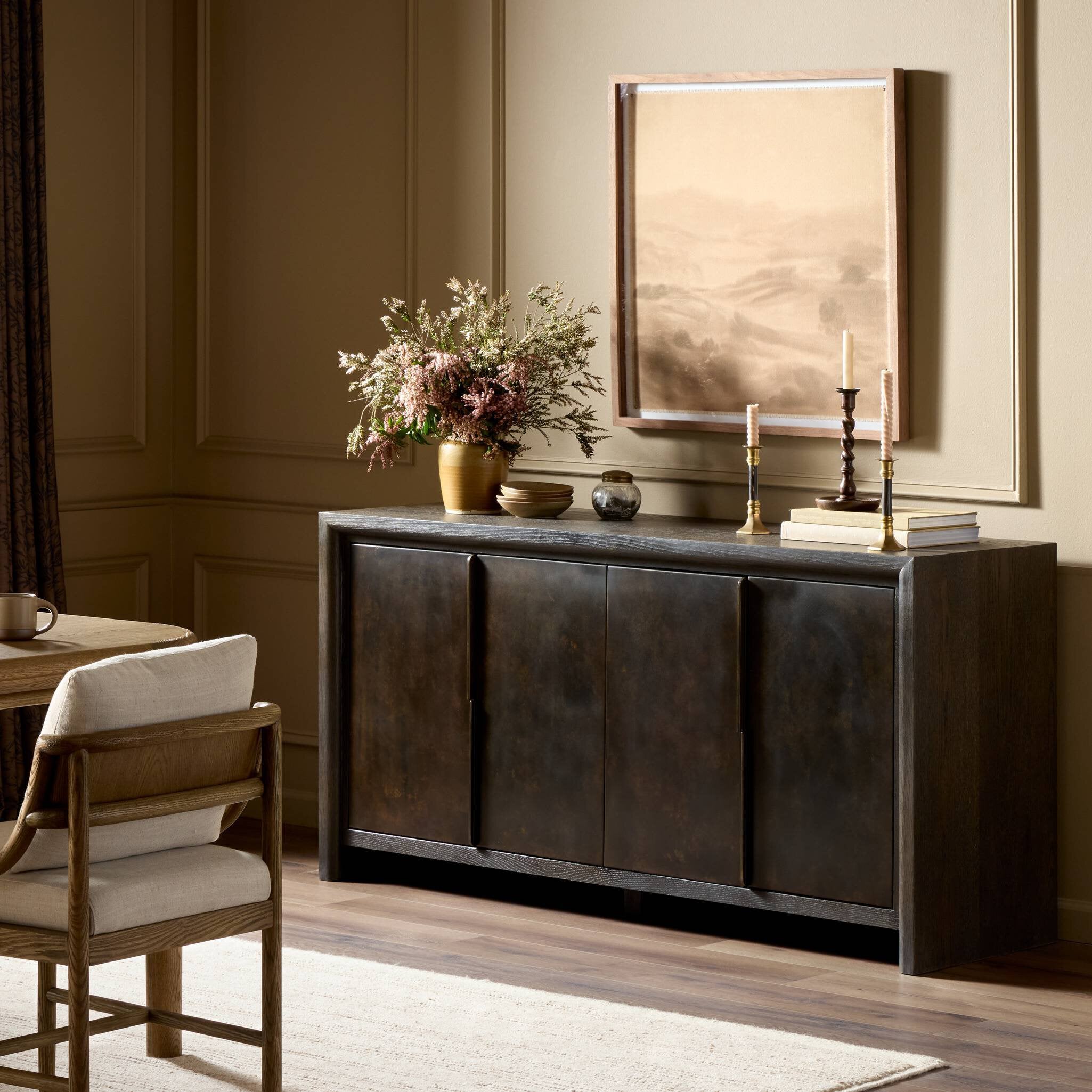 Four Hands Arlington Espresso Oak 4 Door Sideboard in a styled room setting