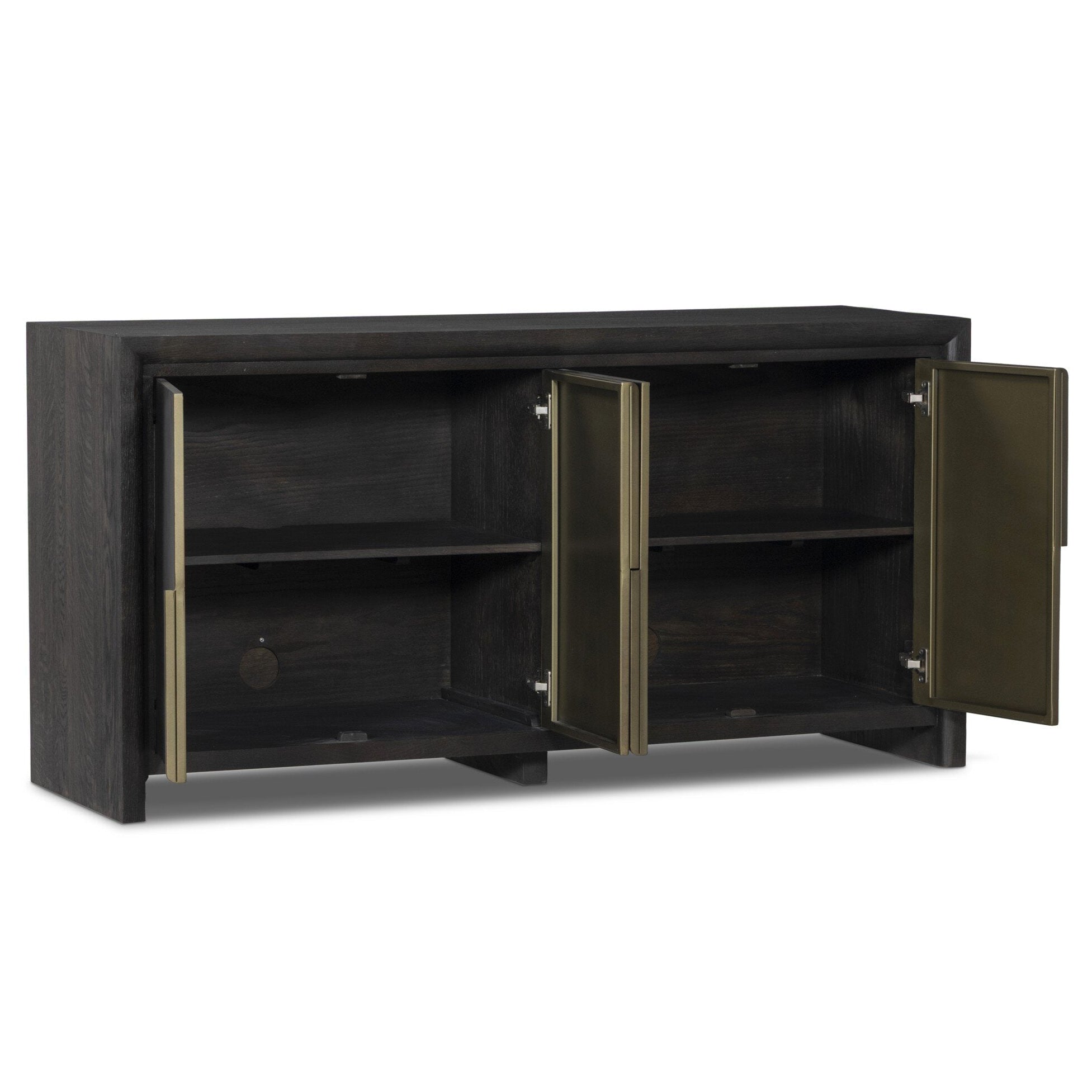 Four Hands Arlington Espresso Oak 4 Door Sideboard shown with doors open