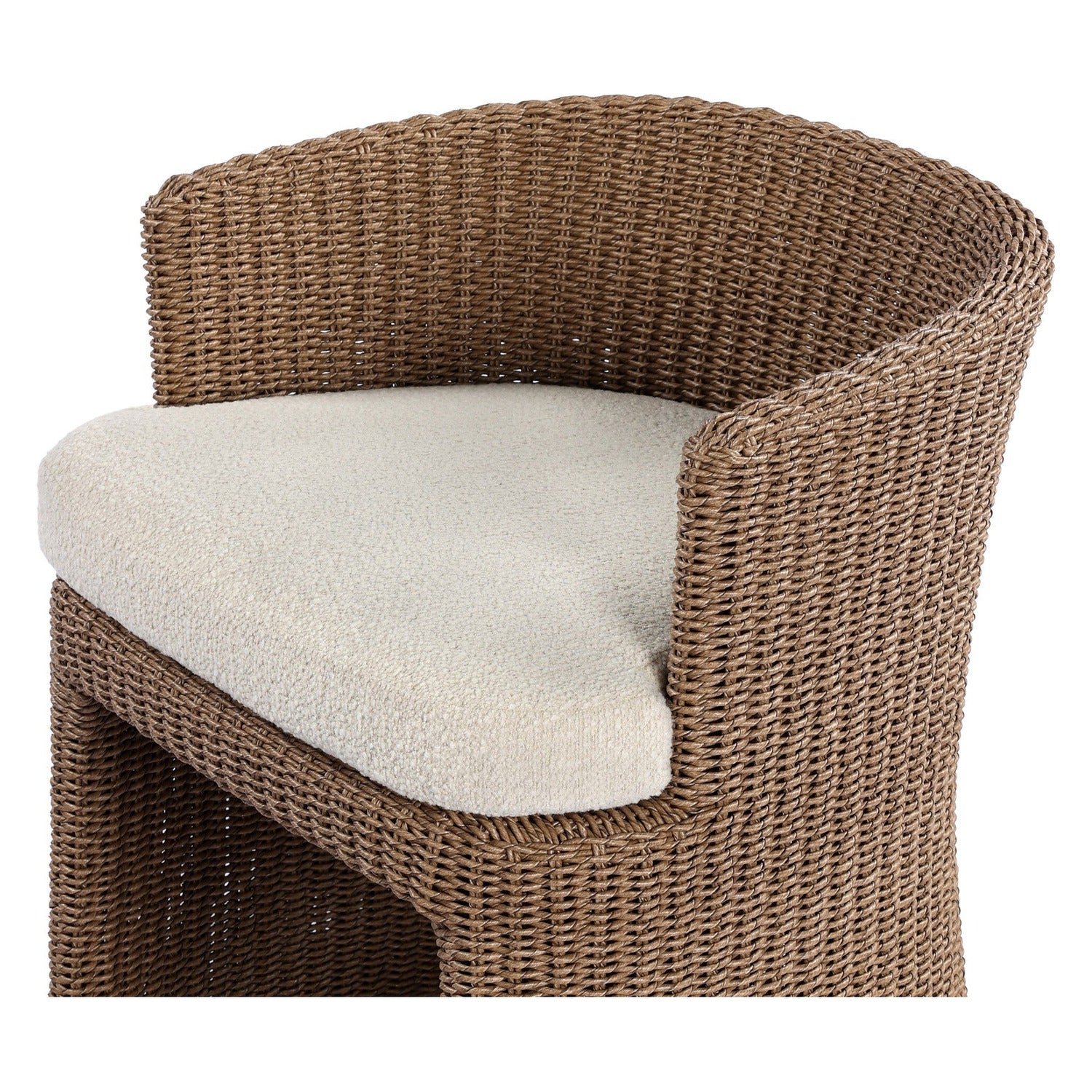 Four Hands Thora Vada Cream Outdoor Dining Chair in faux dark hyacinth with boucle cushion, close-up detail of hyacinth weave, view 1