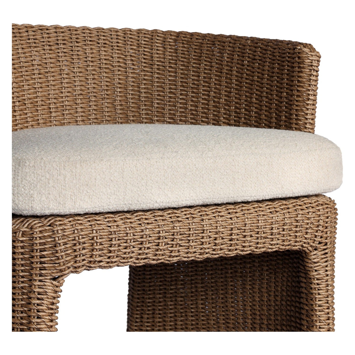 Four Hands Thora Vada Cream Outdoor Dining Chair in faux dark hyacinth with boucle cushion, close-up detail of hyacinth weave, view 2