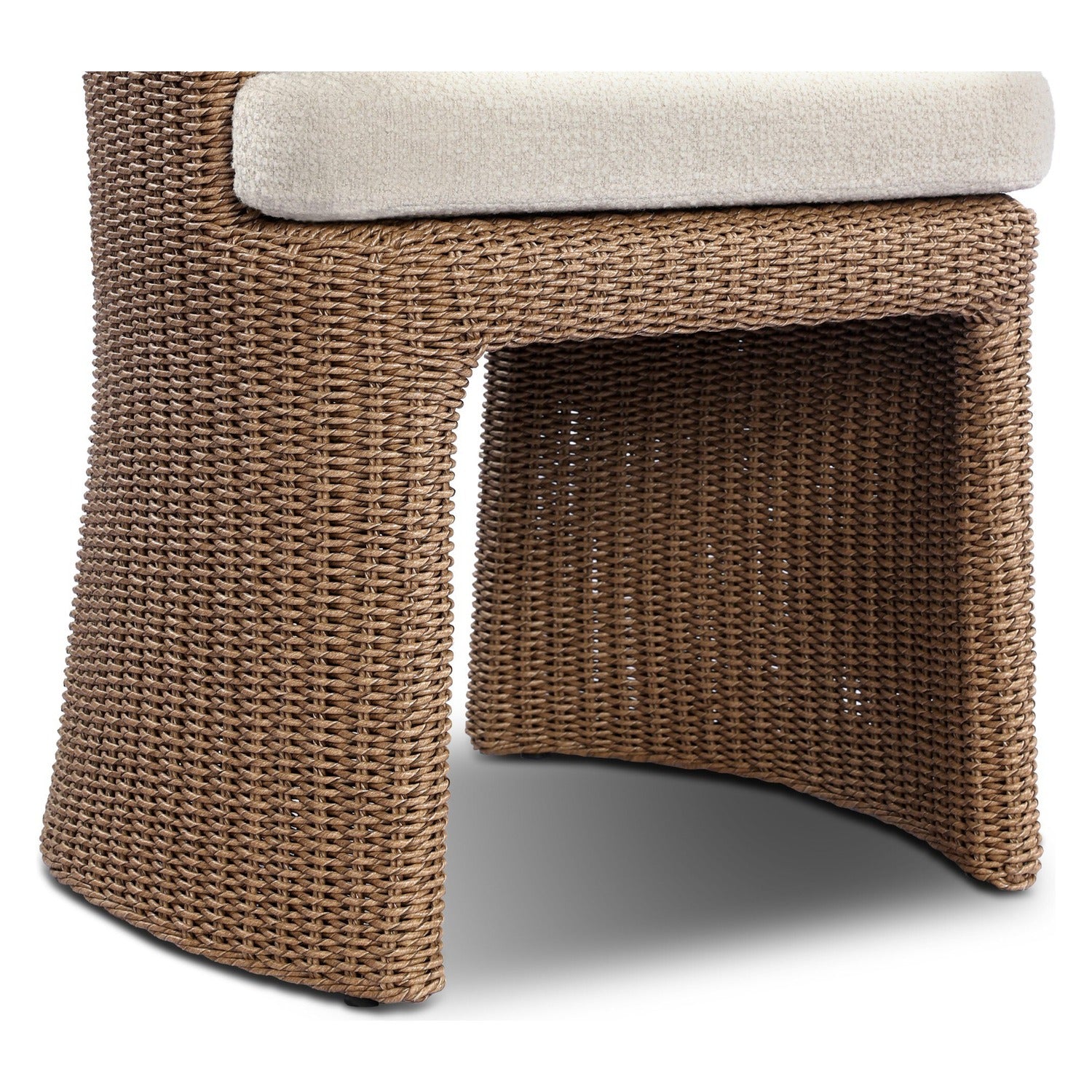 Four Hands Thora Vada Cream Outdoor Dining Chair in faux dark hyacinth with boucle cushion, close-up detail of hyacinth weave, view 3