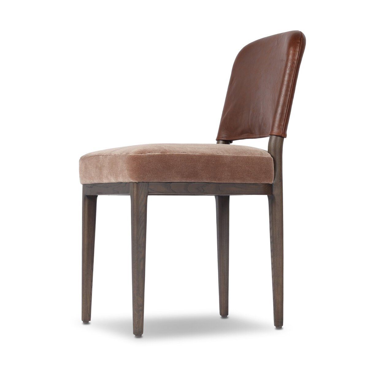Four Hands Ryver Monte Mushroom Dining Chair Set of 2 with mahogany leather back on burnt ash, close-up detail of velvet seat, view 1