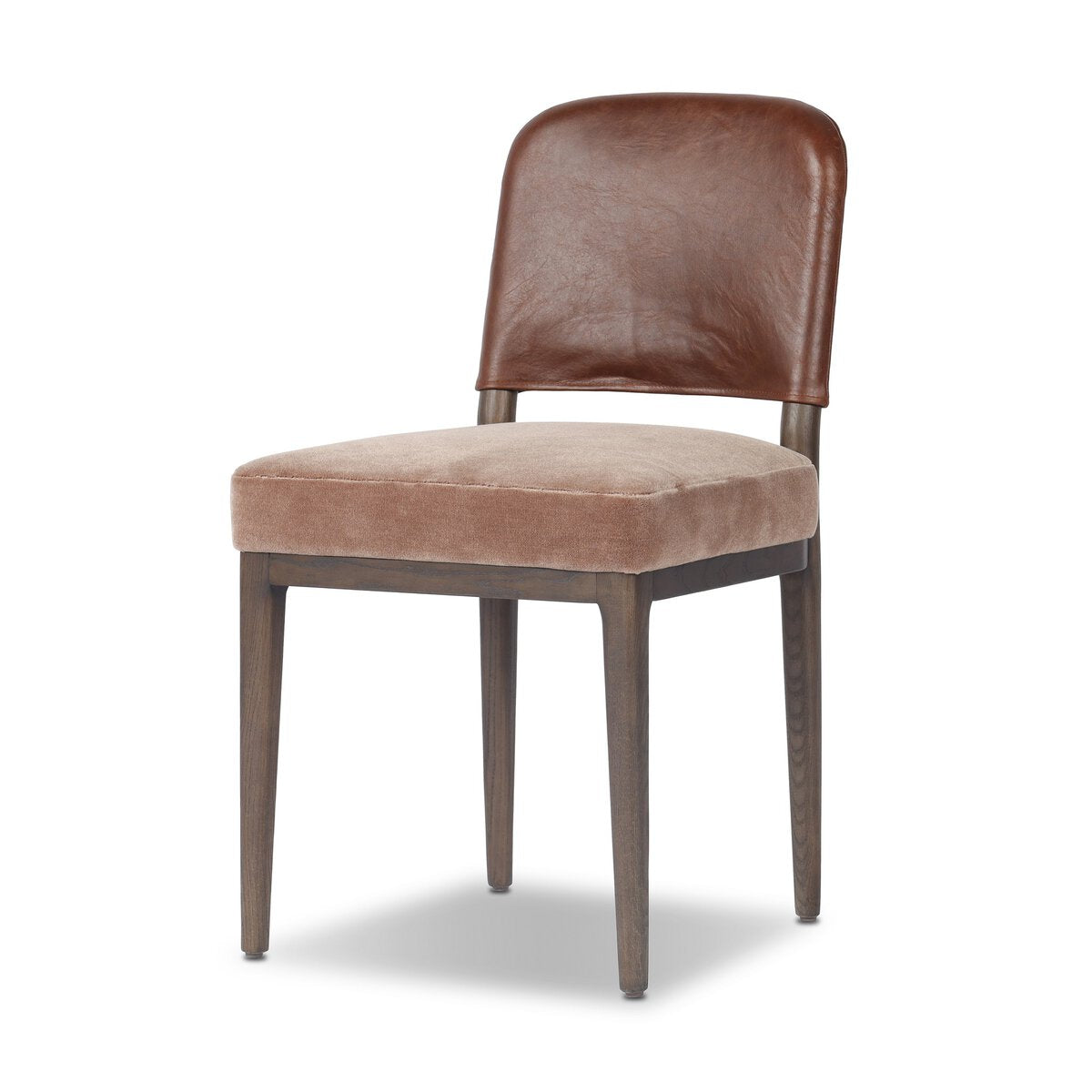 Four Hands Ryver Monte Mushroom Dining Chair Set of 2 with mahogany leather back on burnt ash, primary product view alternate