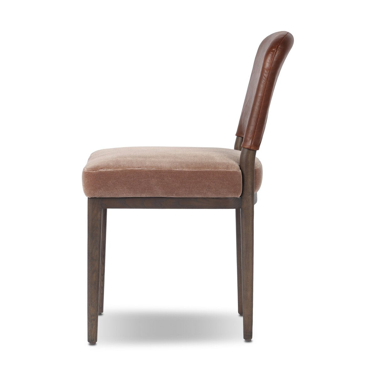 Four Hands Ryver Monte Mushroom Dining Chair Set of 2 with mahogany leather back on burnt ash, side profile view