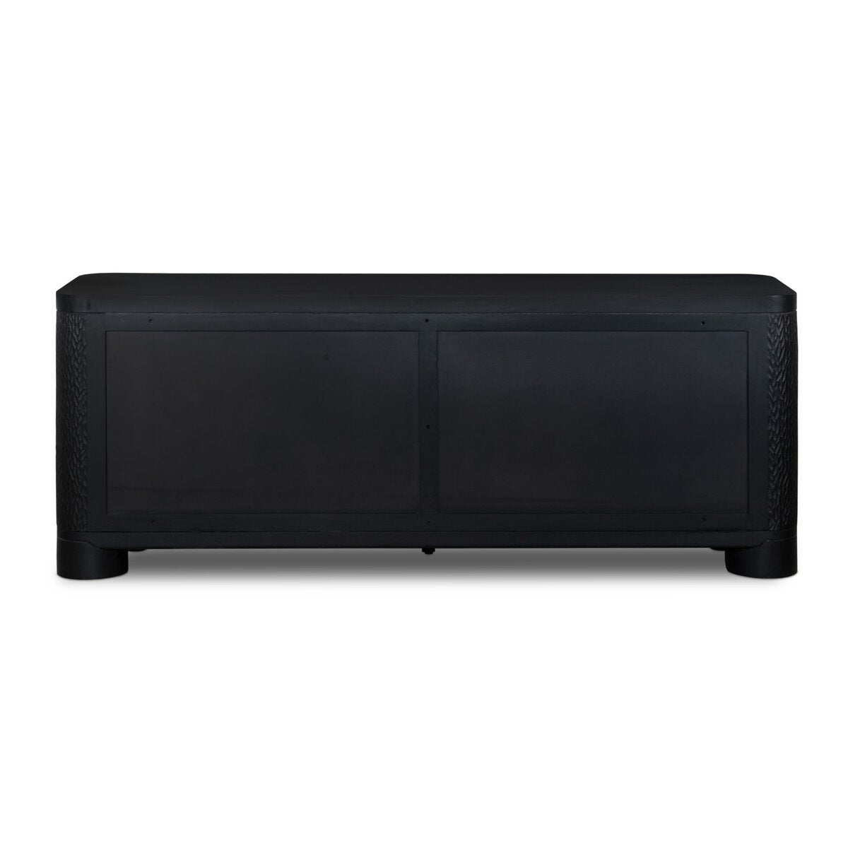 Four Hands Shevall Sideboard in carved black mango with cylinder legs, back view