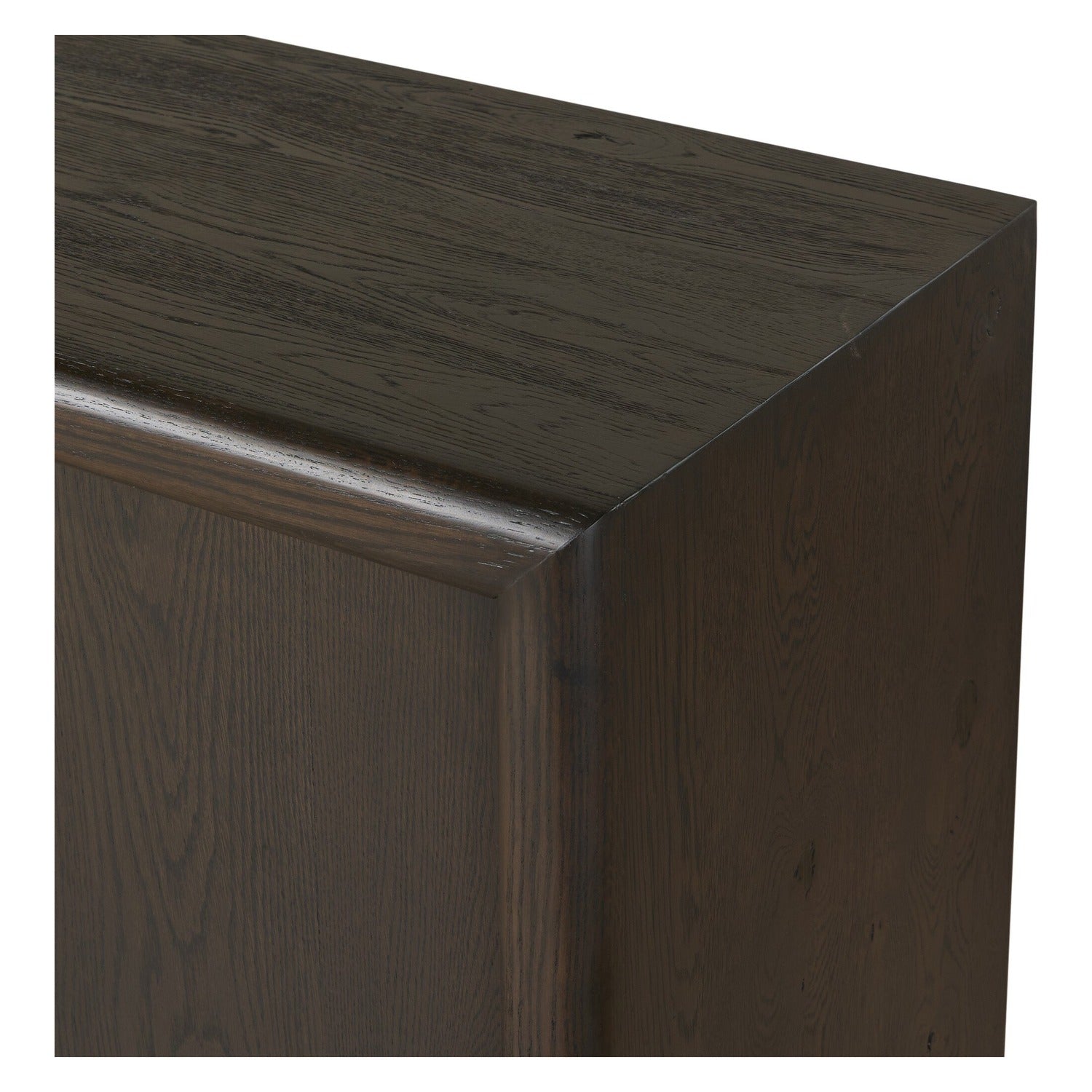 Four Hands Zaki Smoked Black Sideboard with waterfall framing on floating oak base, close-up detail of waterfall frame
