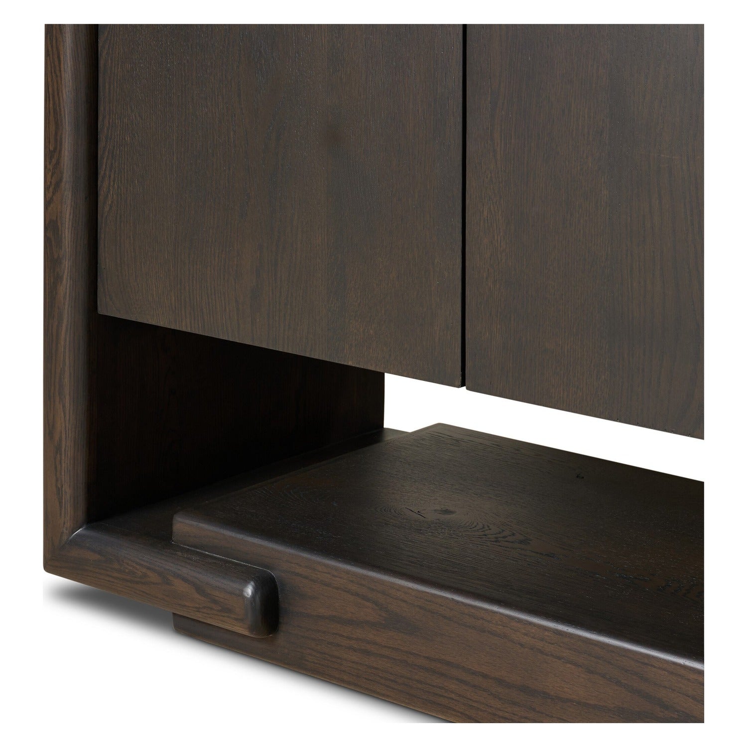 Four Hands Zaki Smoked Black Sideboard with waterfall framing on floating oak base, close-up detail of oak veneer
