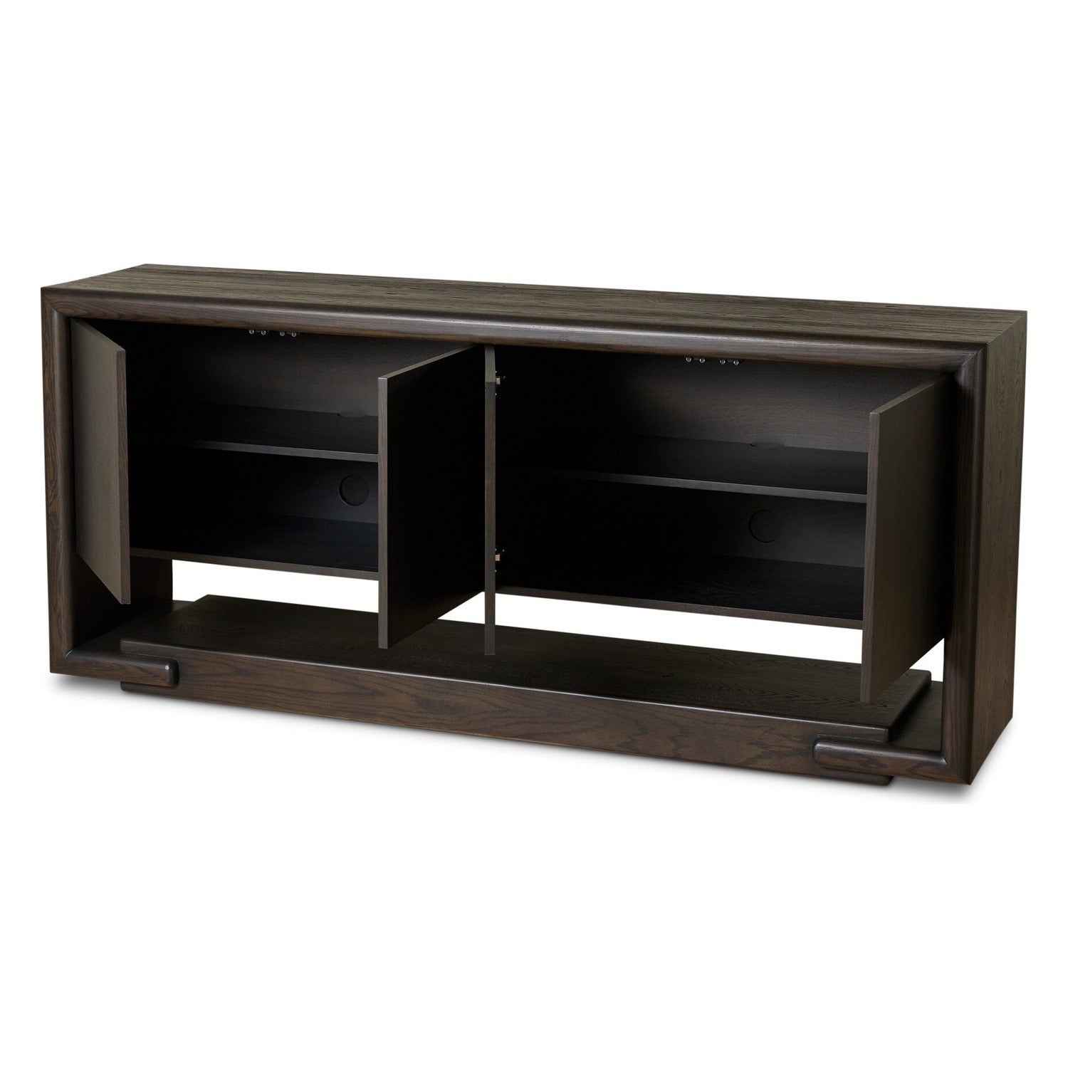 Four Hands Zaki Smoked Black Sideboard with waterfall framing on floating oak base, doors open interior view, view 2