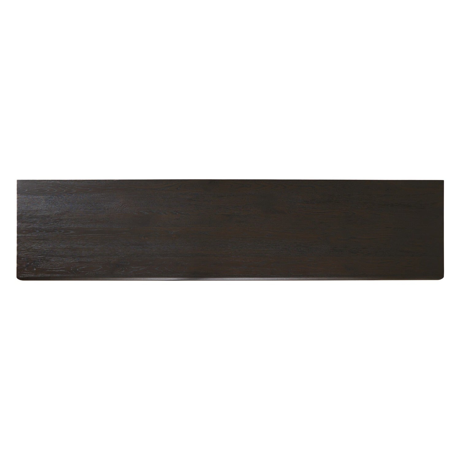Four Hands Zaki Smoked Black Sideboard with waterfall framing on floating oak base, top surface view showing oak grain