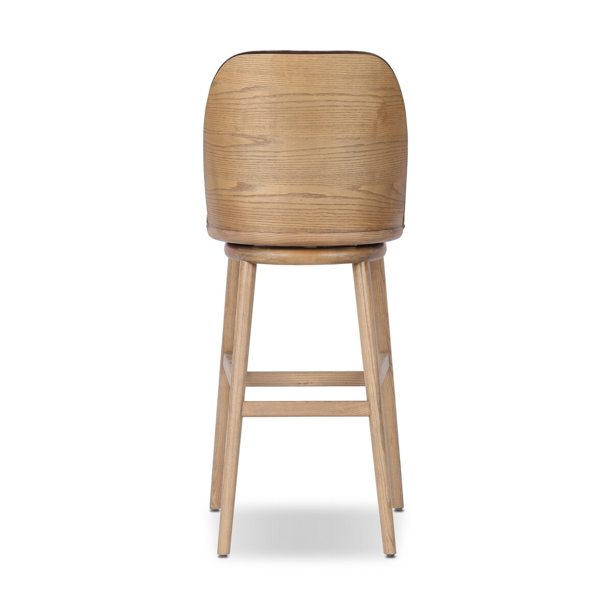 Four Hands Camden Swivel Bar Stool Set of 2 in Surrey Mink velvet on amber ash, back view showing curved ash frame