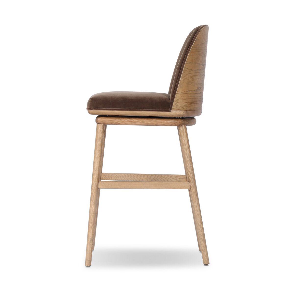 Four Hands Camden Swivel Bar Stool Set of 2 in Surrey Mink velvet on amber ash, side profile view