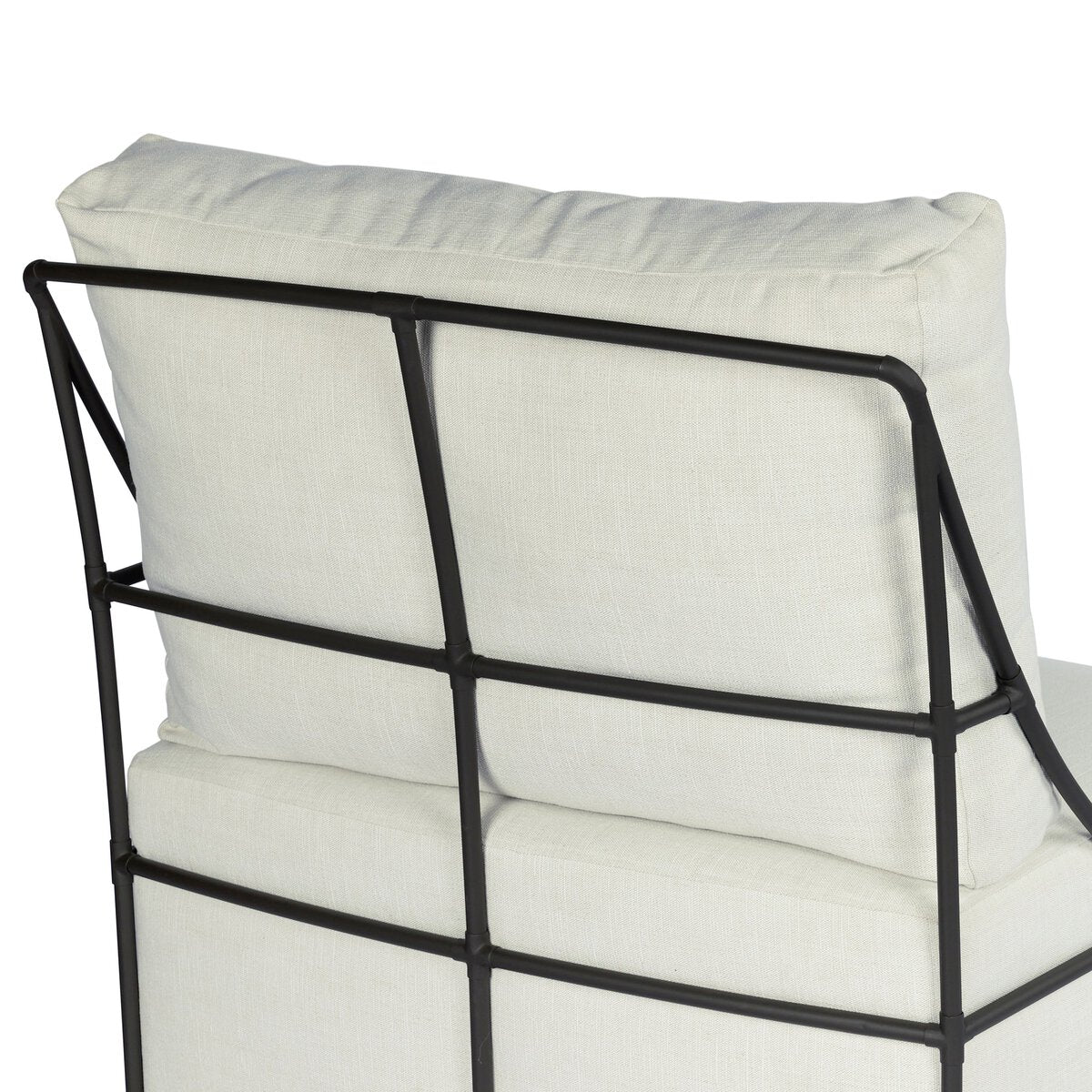 Four Hands Enola Outdoor Swivel Chair in bronze iron cross-hatch with cream cushion, close-up detail of ironwork, view 1