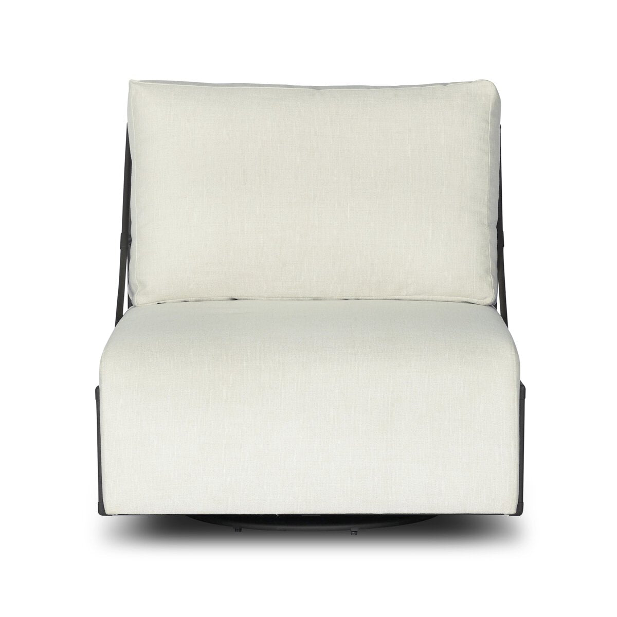 Four Hands Enola Outdoor Swivel Chair in bronze iron cross-hatch with cream cushion, front view
