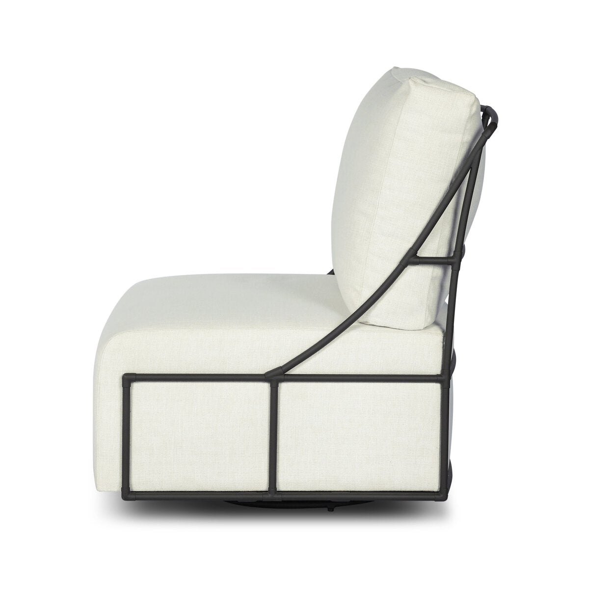 Four Hands Enola Outdoor Swivel Chair in bronze iron cross-hatch with cream cushion, side profile view