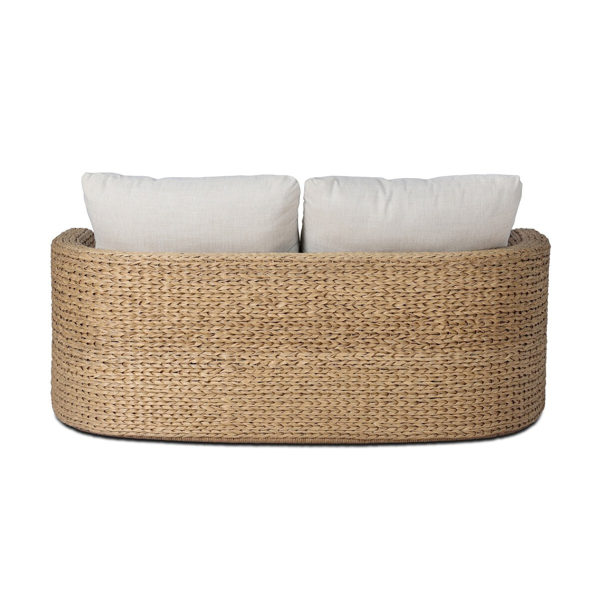 Four Hands Caney Outdoor Double Chaise in coastal weave with cream cushion, back view