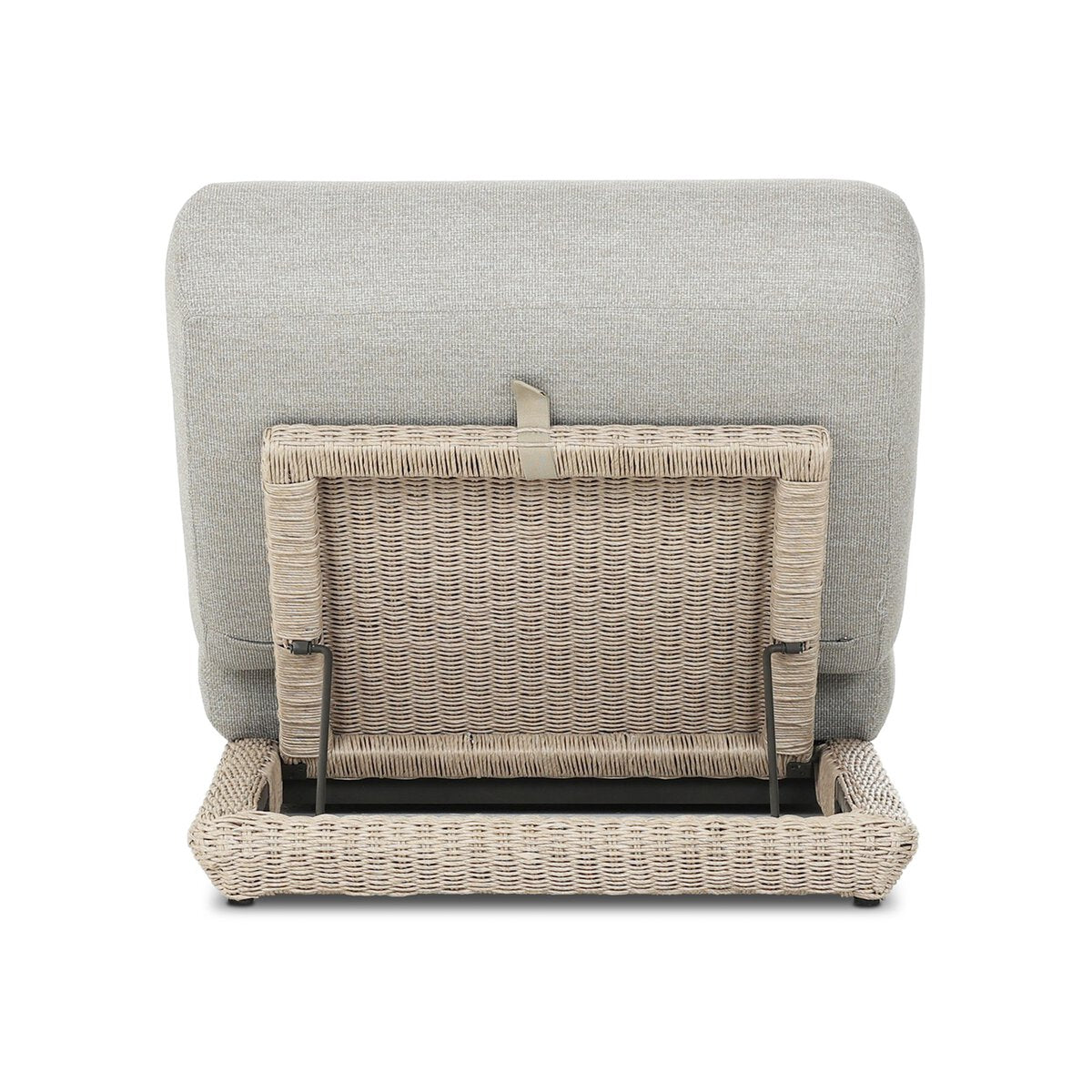 Four Hands Evander Outdoor Chaise in Ramiro Ecru with woven plinth base, back view